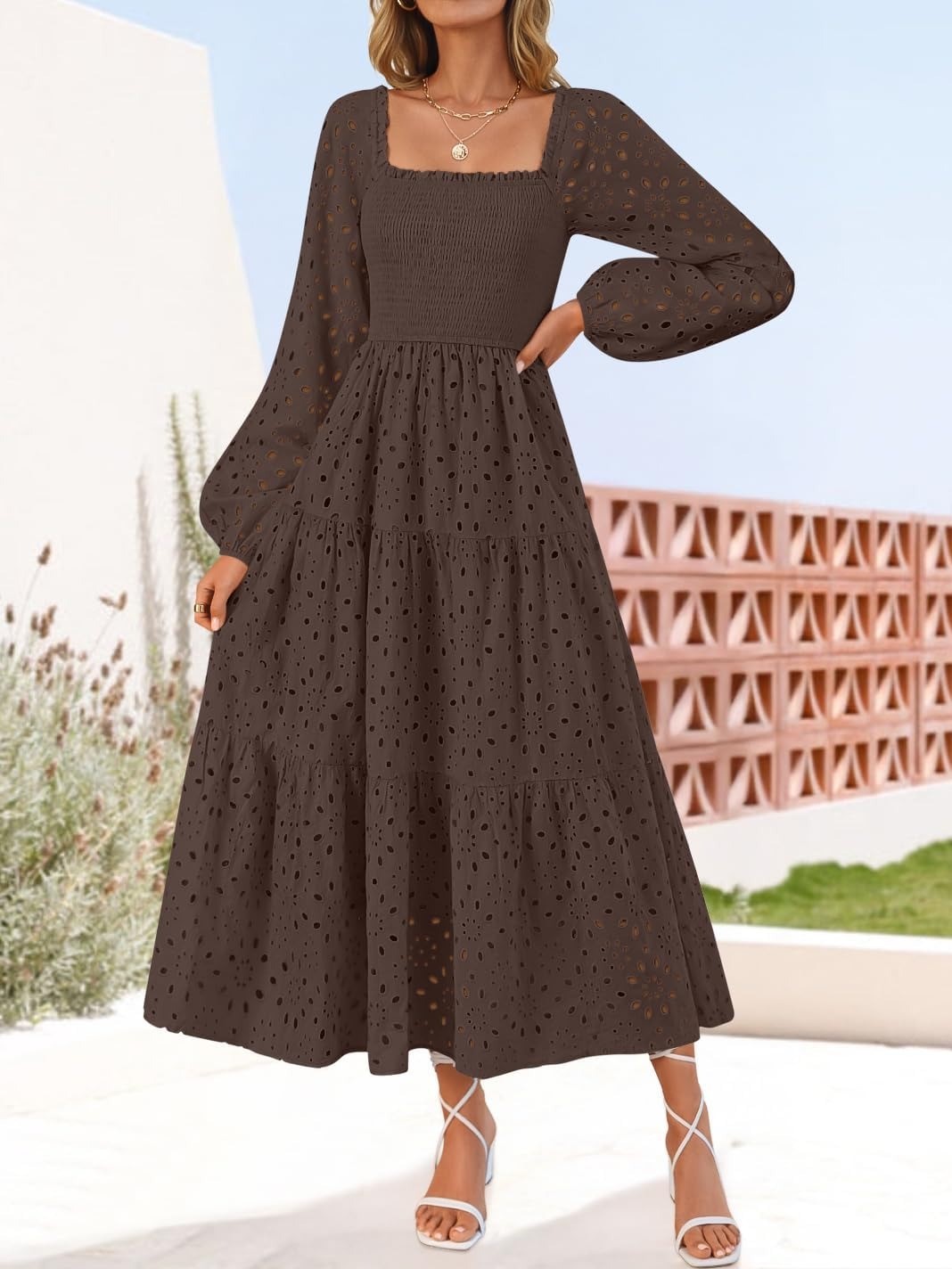Women's Square Neck Hollow Out Eyelet Smocked A Line Long Sleeve Dress
