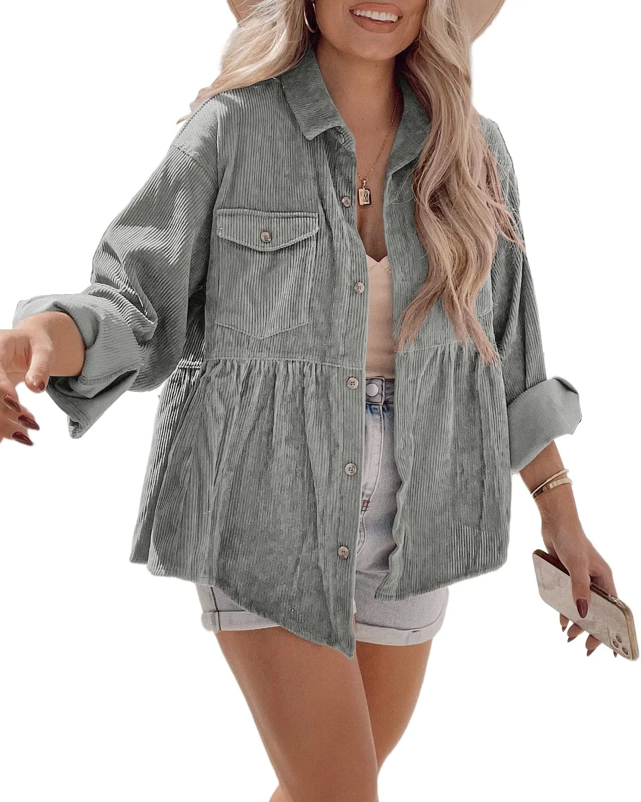 HOT SALE Women's Corduroy Shirt Button Down Tunic Loose Pocket Jacket