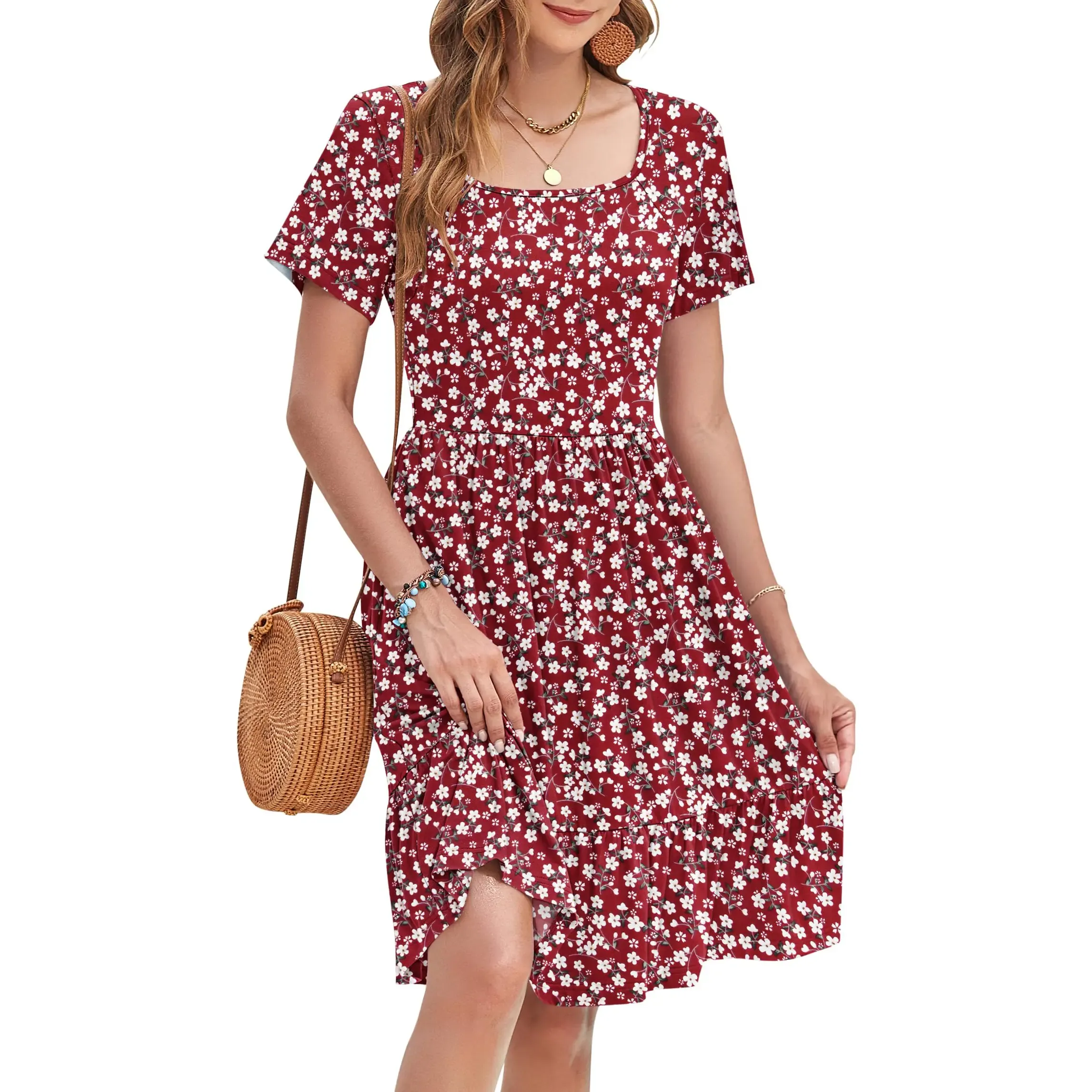 ✨Women's Square Neck Floral Print Short Sleeve Ruffle Empire Waist Sundress with Pockets