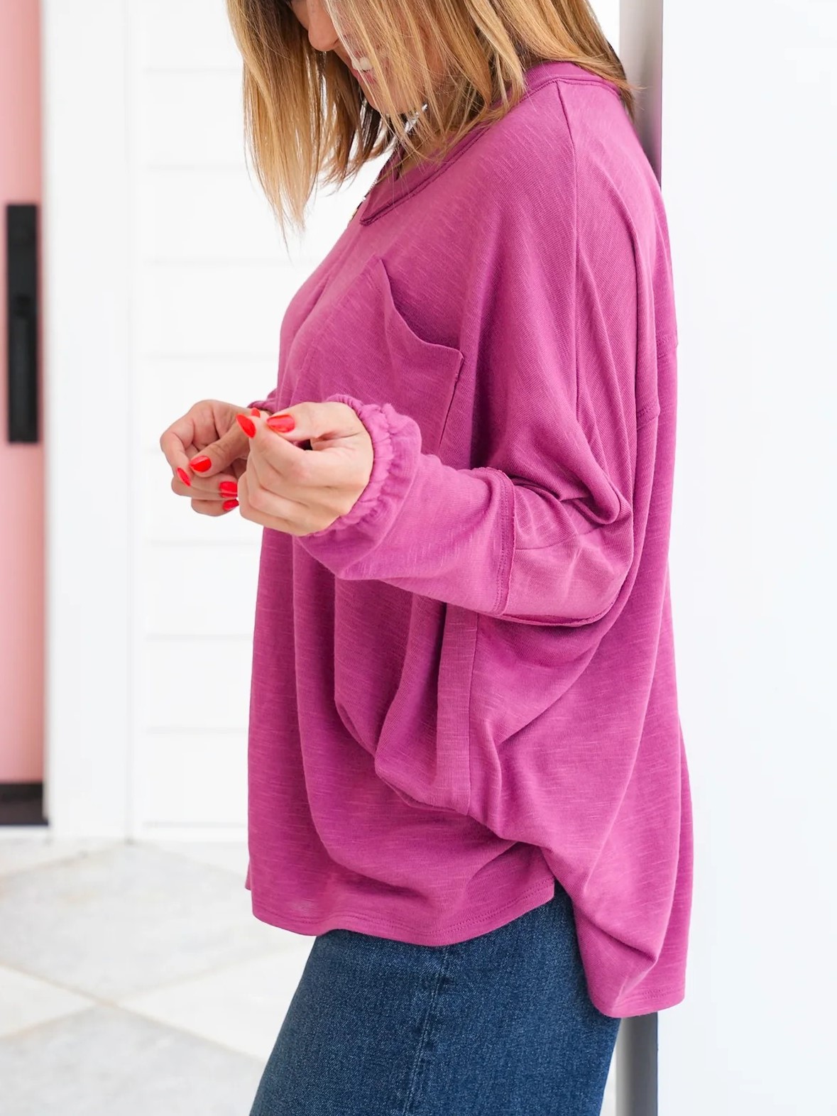 Women's Oversized V Neck Pocket Long Sleeve Top