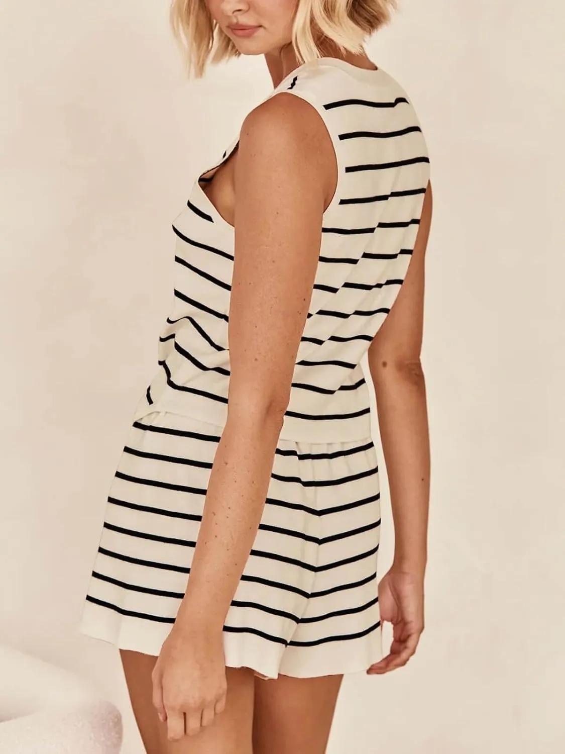 HOT SALE Women's Striped Knit Sleeveless V Neck Tops Short 2 Piece Sets