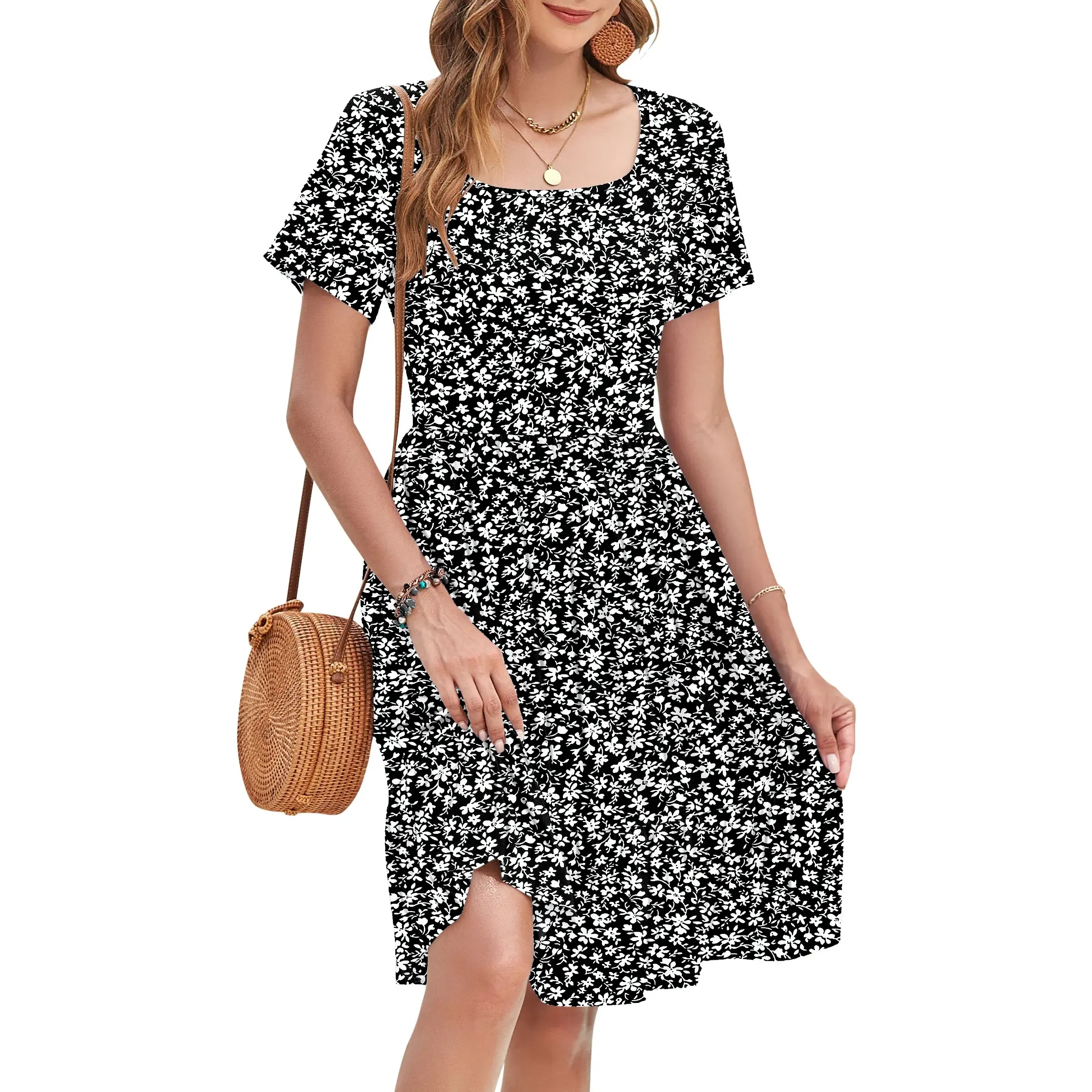 ✨Women's Square Neck Floral Print Short Sleeve Ruffle Empire Waist Sundress with Pockets
