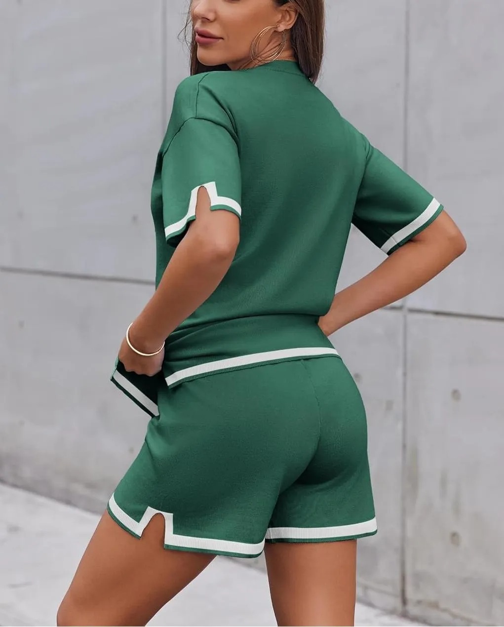 HOT SALE Women's Color Block Knitted Short Sleeve Top And Drawstring Shorts Set