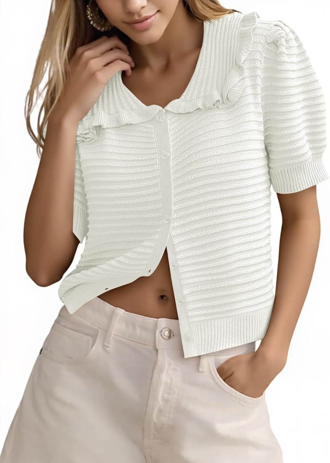 ✨Women's Ruffle Puff Short Sleeve Button Up Ribbed Knit Cardigan