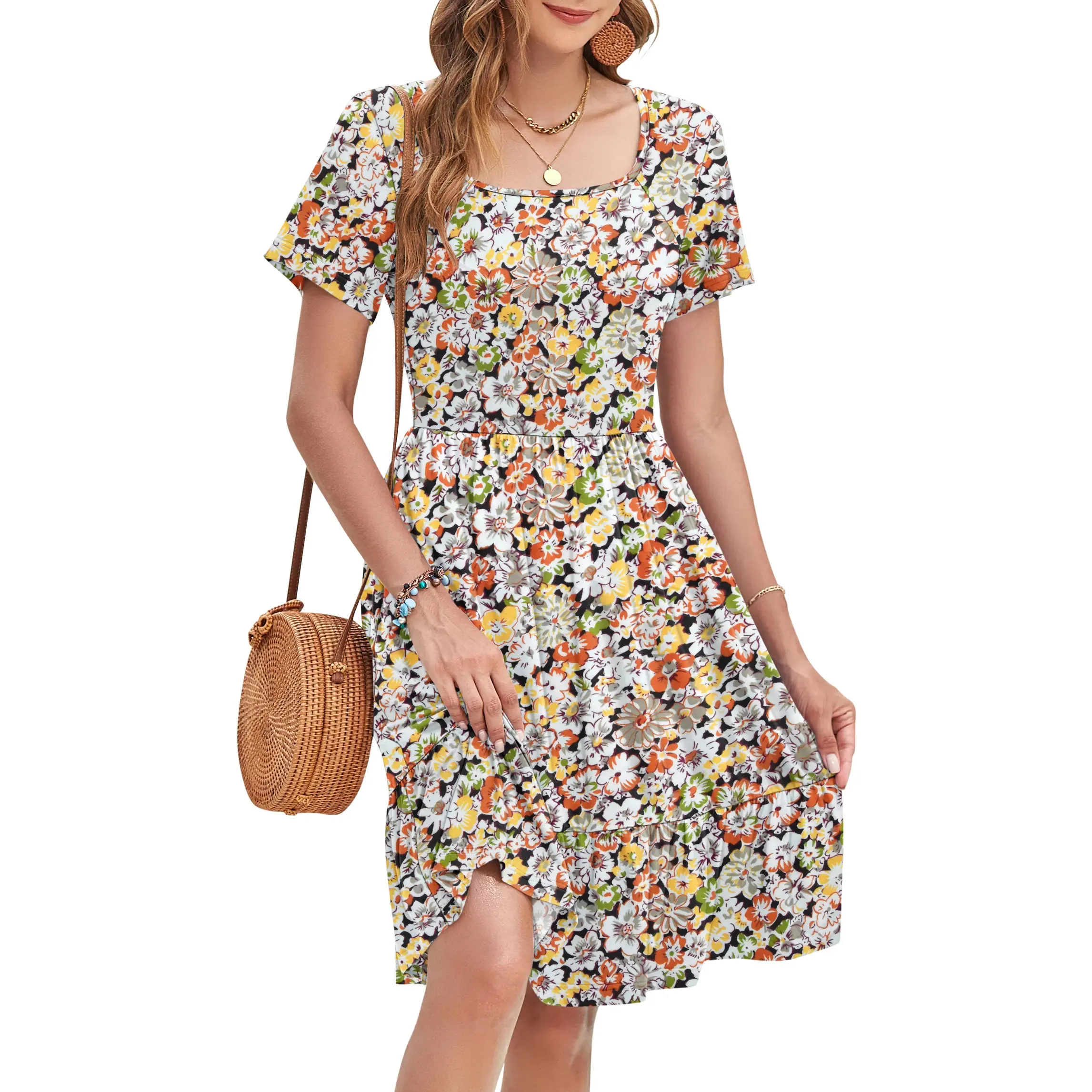 ✨Women's Square Neck Floral Print Short Sleeve Ruffle Empire Waist Sundress with Pockets
