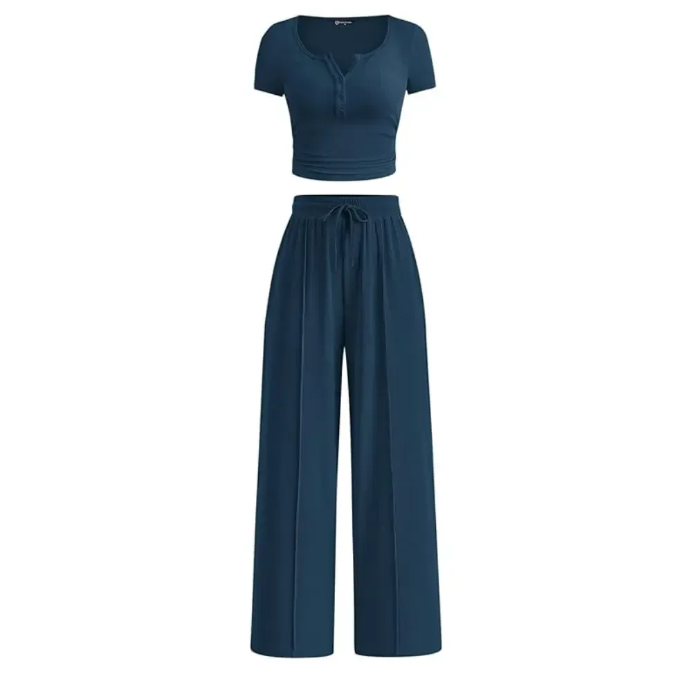 🔥Women's Ribbed Knit Short Sleeve Tops & Wide Leg Pants 2-Piece Outfits