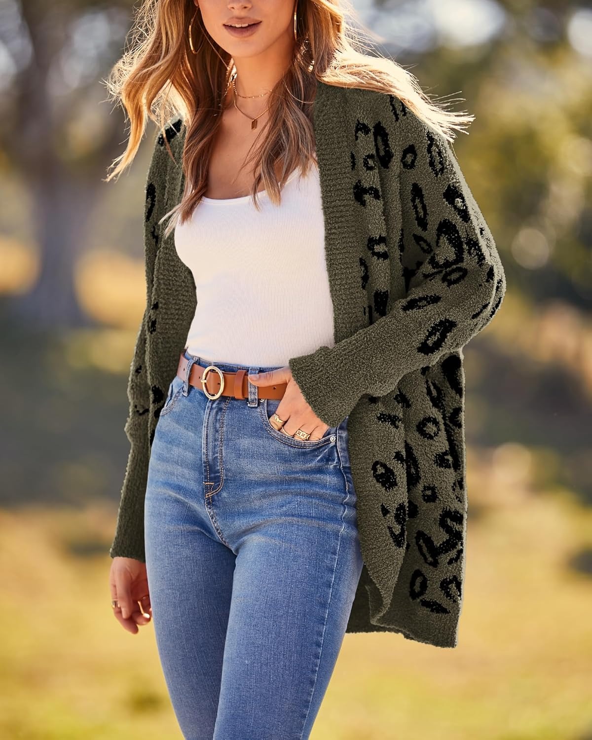 HOT SALE Women's Leopard Print Long Sleeve Cardigan Sweater with Pockets
