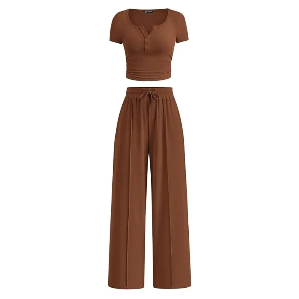 🔥Women's Ribbed Knit Short Sleeve Tops & Wide Leg Pants 2-Piece Outfits