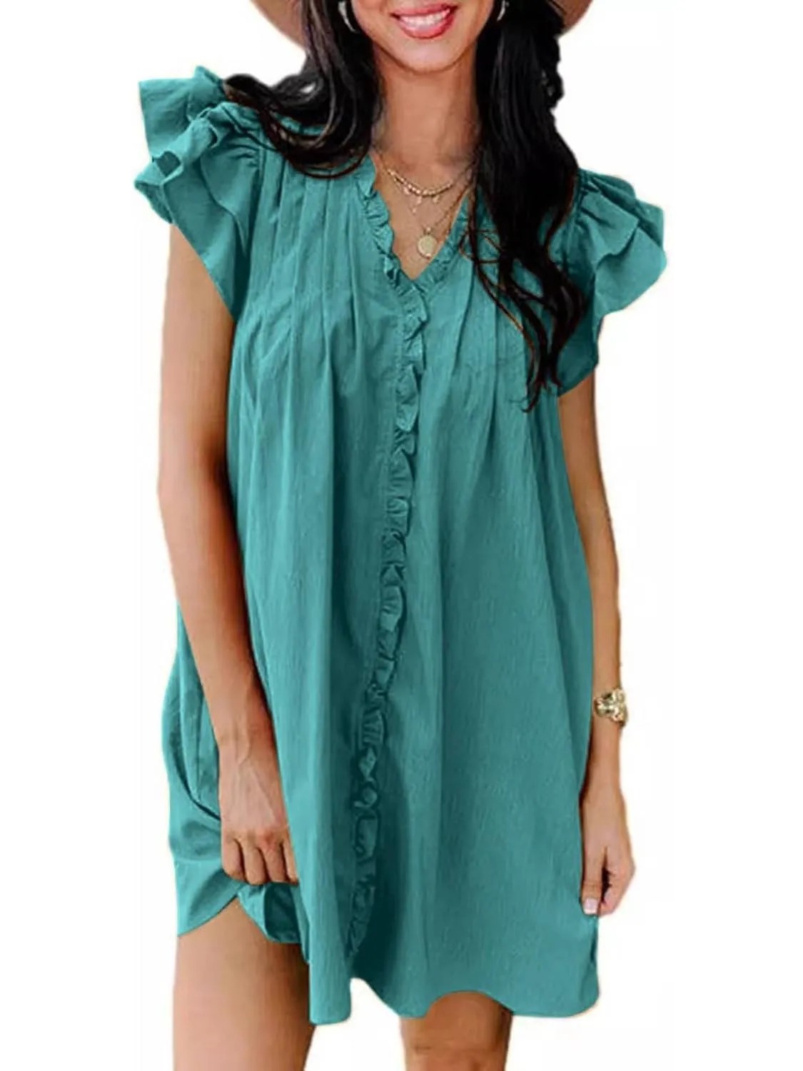 HOT SALE Women's Elegant Ruffle Short Sleeve Buttoned V Neck Pleated Dresses