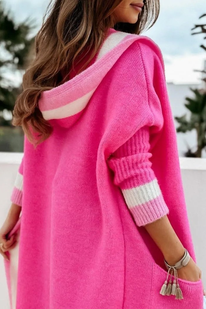 HOT SALE Women's Color Block Striped Open Front Hooded Long Cardigan