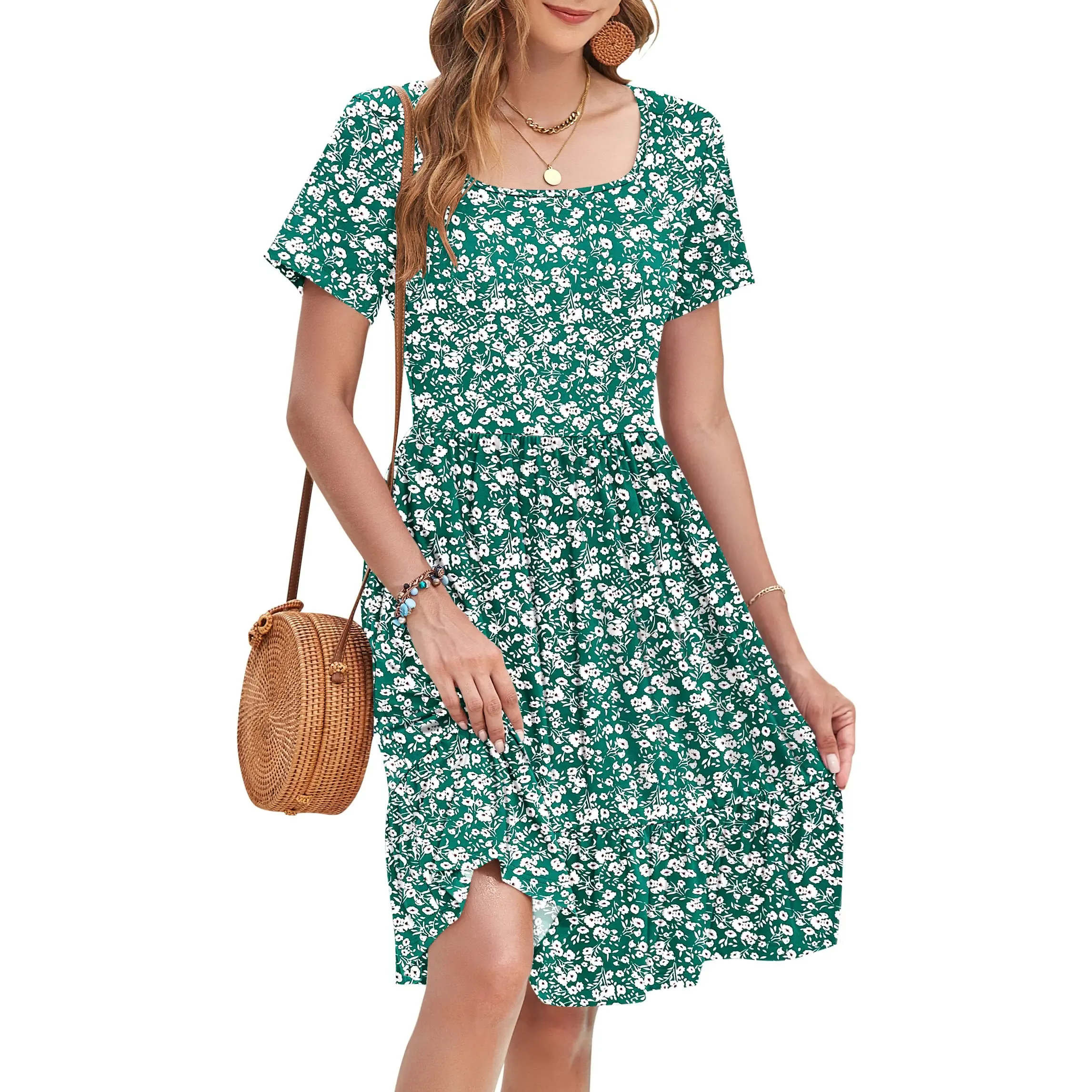 ✨Women's Square Neck Floral Print Short Sleeve Ruffle Empire Waist Sundress with Pockets