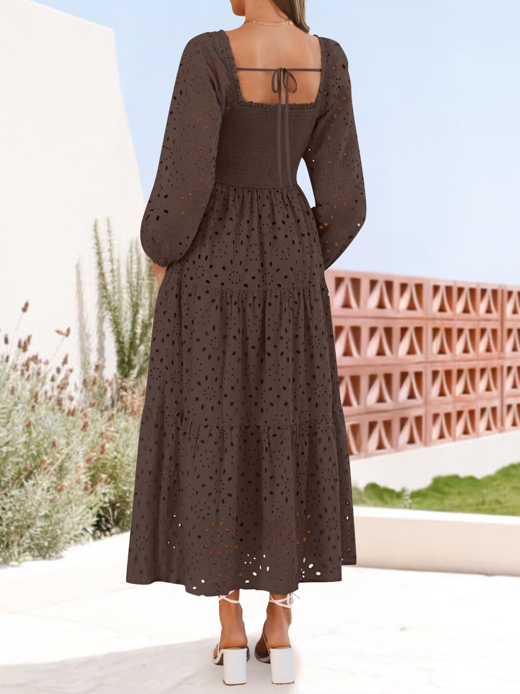 Women's Square Neck Hollow Out Eyelet Smocked A Line Long Sleeve Dress