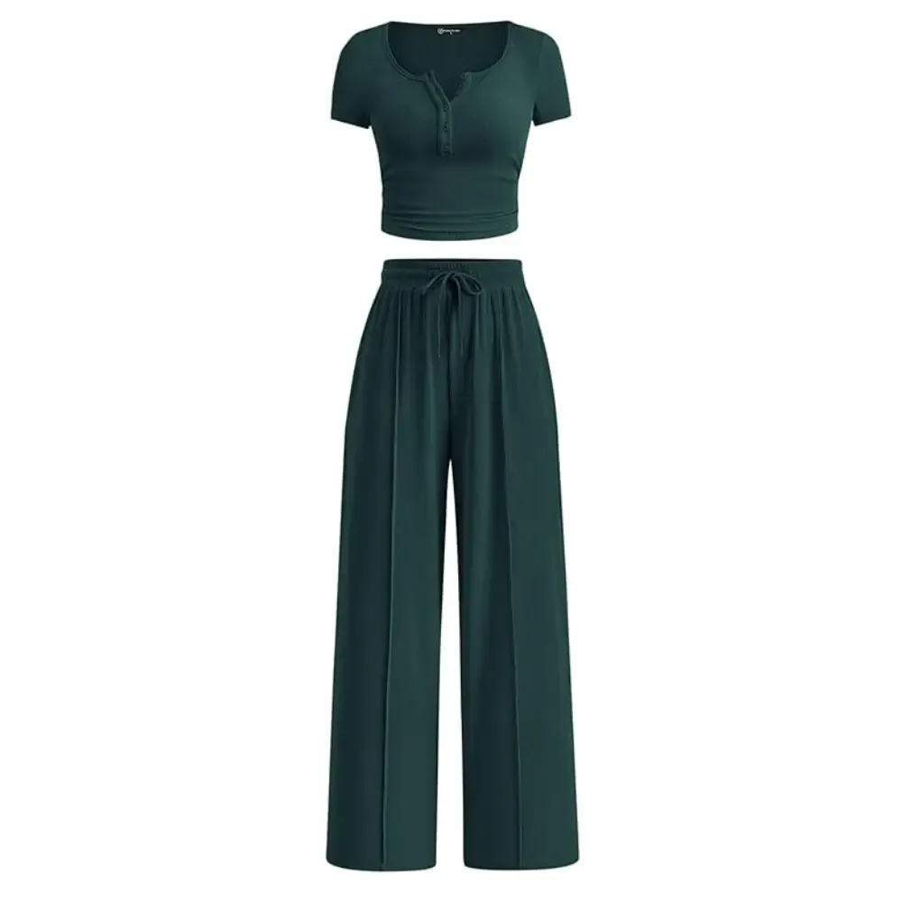 🔥Women's Ribbed Knit Short Sleeve Tops & Wide Leg Pants 2-Piece Outfits