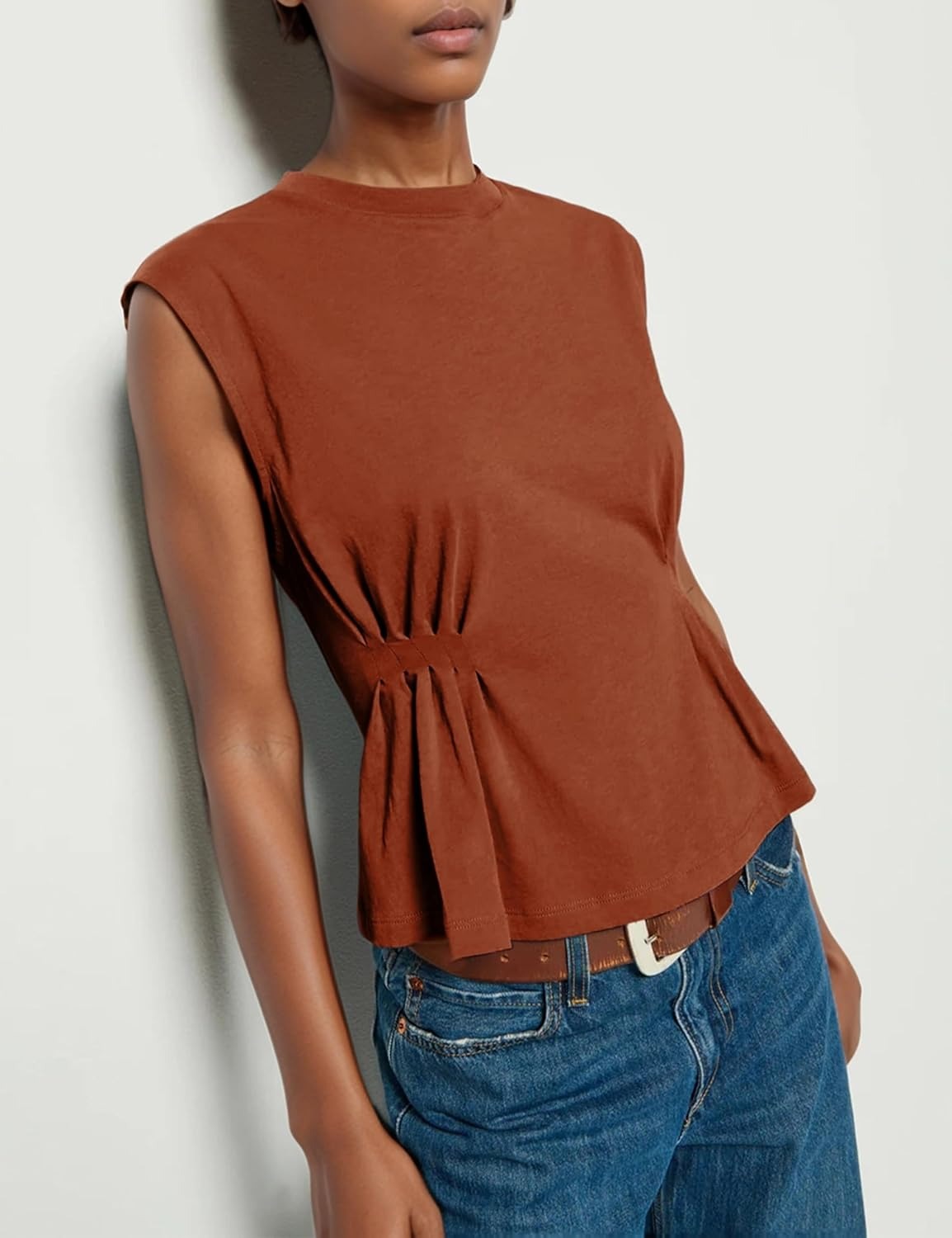 Women's Casual Cap Sleeve Dressy Pleated Tops Tunic Shirt