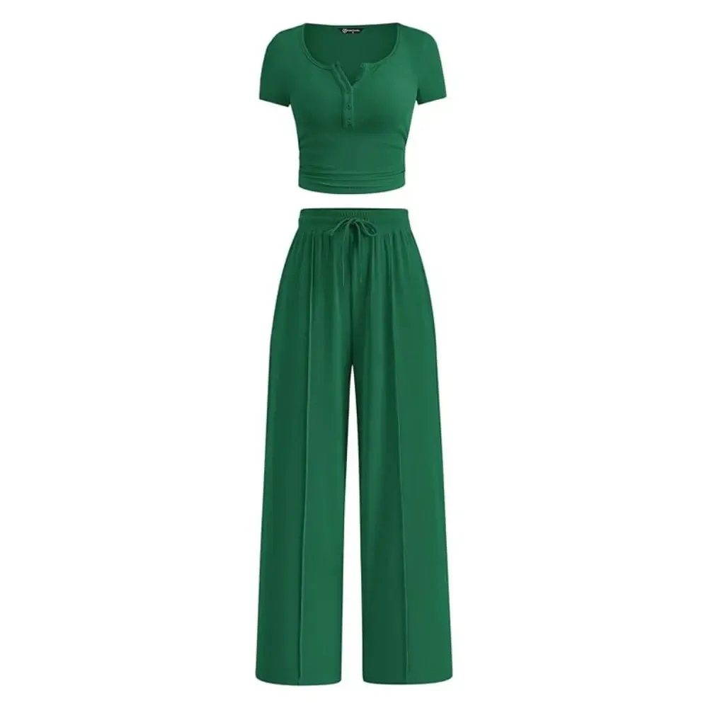 🔥Women's Ribbed Knit Short Sleeve Tops & Wide Leg Pants 2-Piece Outfits