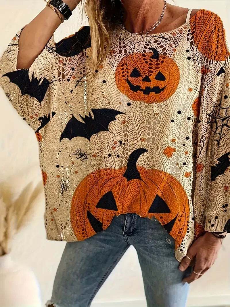 HOT SALE Halloween Crew Neck Pumpkin Loose Fit Long Sleeve Cutout Sweater