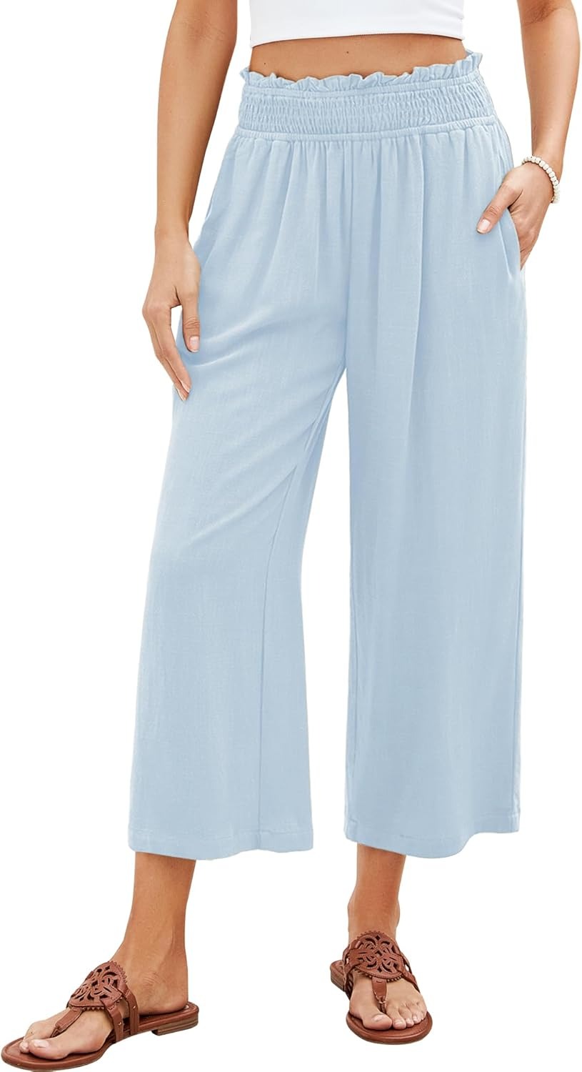 🔥Women's High Waisted Wide Leg Linen Elastic Smock Waist Capri Pants