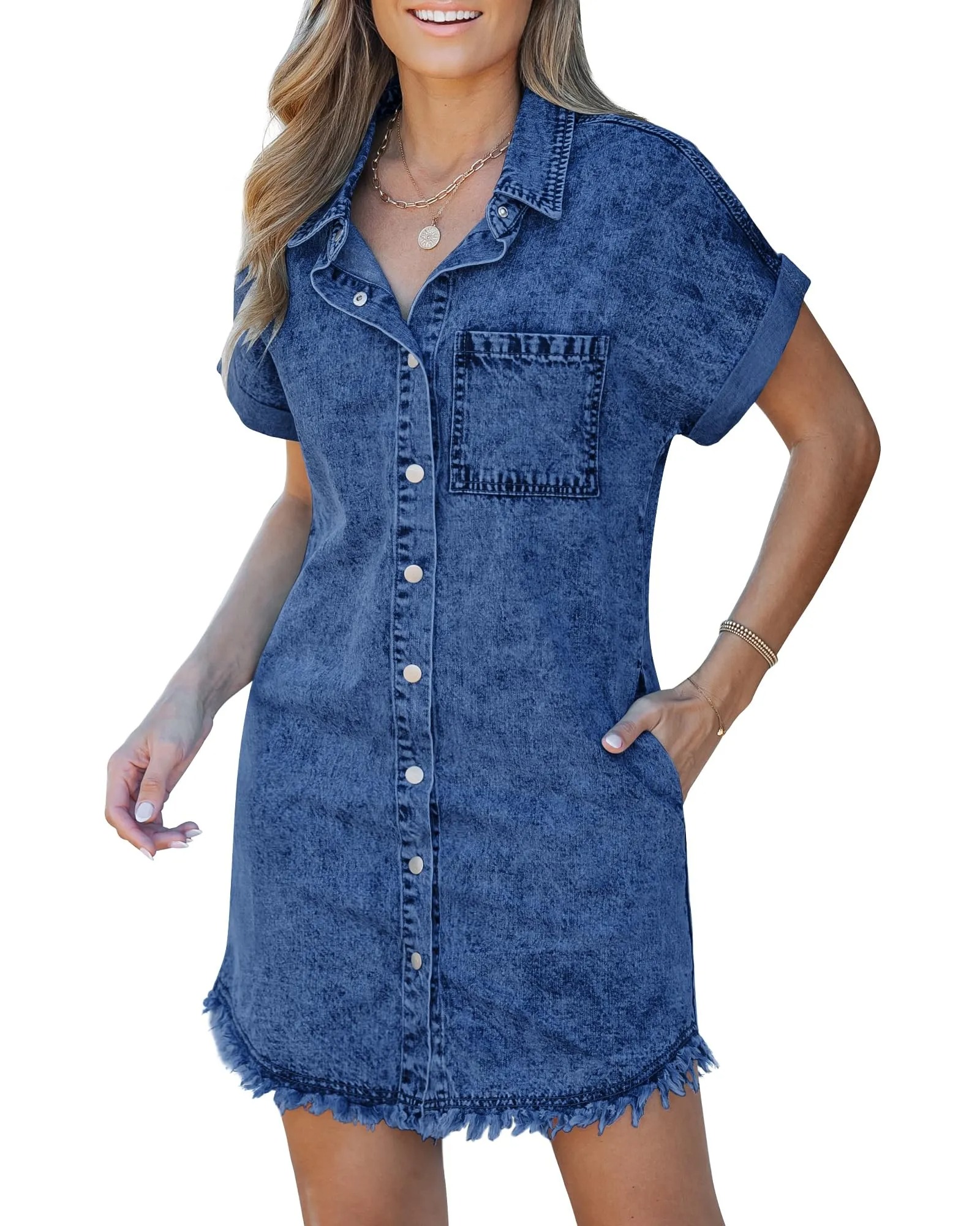 HOT SALE Women's Button Down Short Sleeves Frayed Hem Casual Jean Shirt Dresses with Pockets