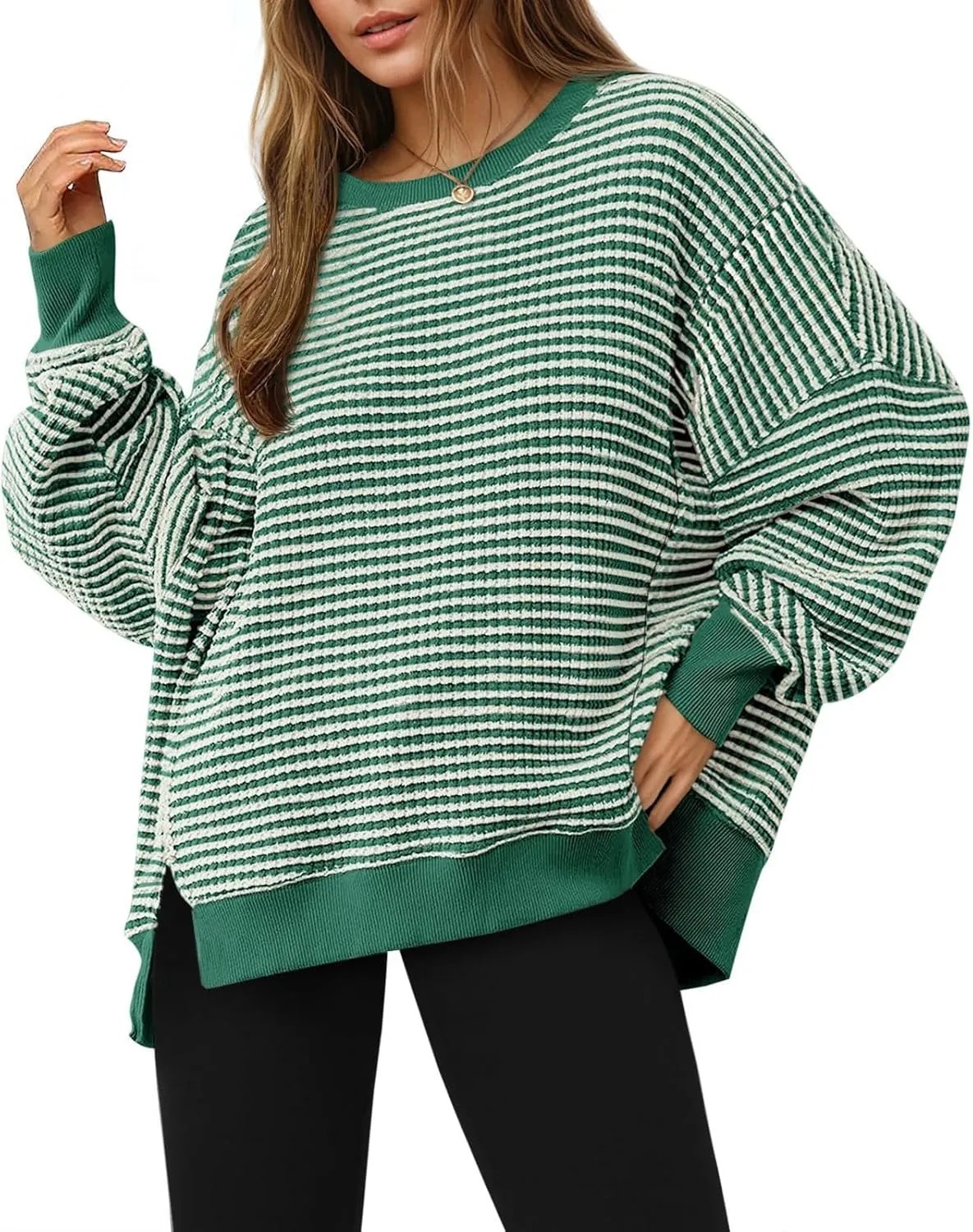 HOT SALE Women's Oversized Sweatshirt Waffle Long Sleeve Split Pullover Tunic Tops