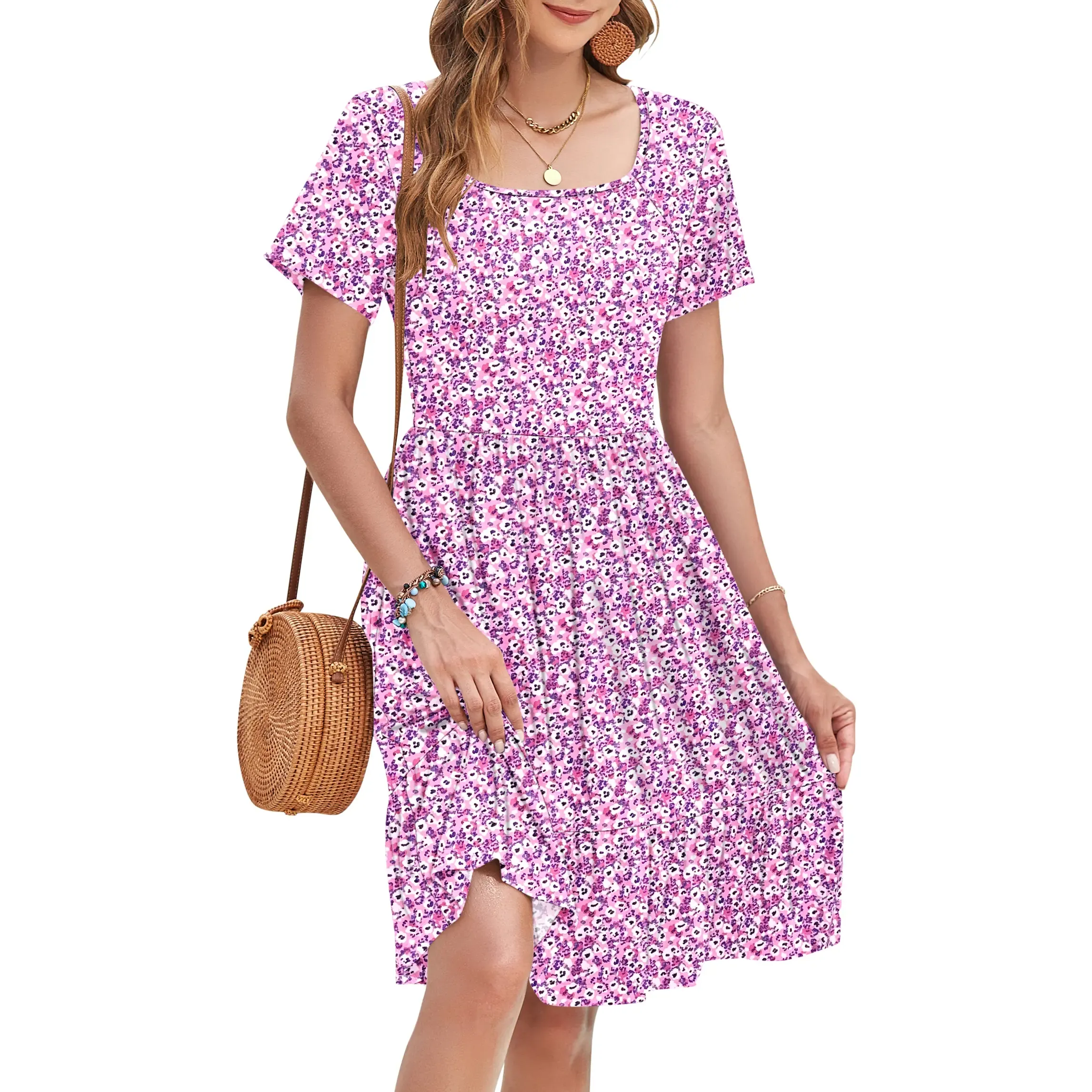 ✨Women's Square Neck Floral Print Short Sleeve Ruffle Empire Waist Sundress with Pockets