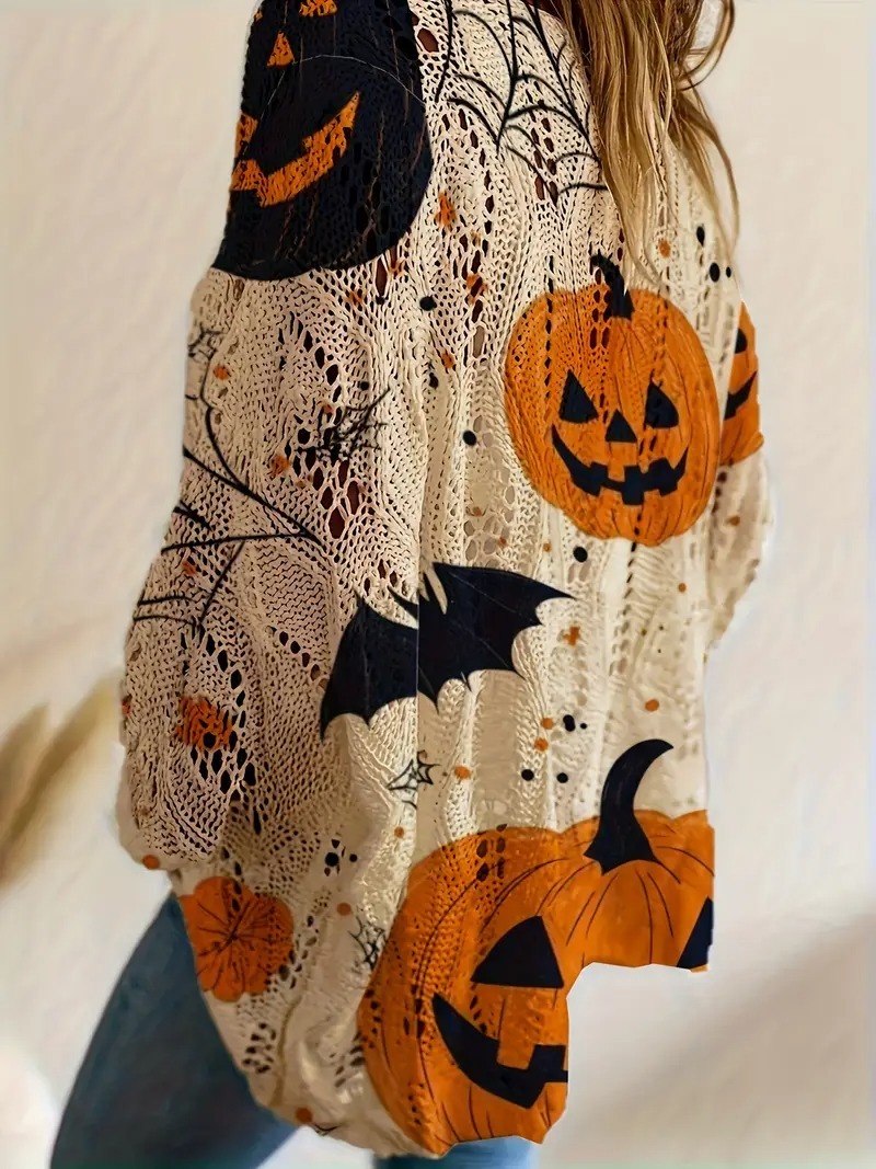 HOT SALE Halloween Crew Neck Pumpkin Loose Fit Long Sleeve Cutout Sweater