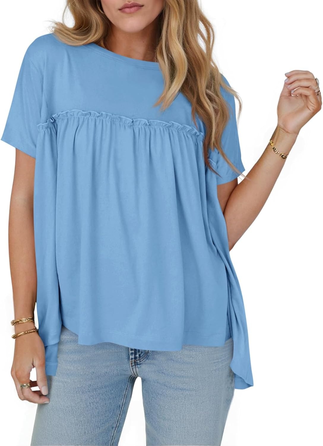 🔥Women's Pleated Short Sleeve Crew Neck Peplum Loose Fit Babydoll