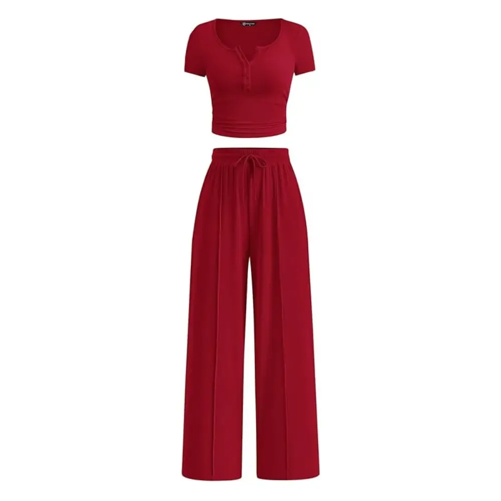 🔥Women's Ribbed Knit Short Sleeve Tops & Wide Leg Pants 2-Piece Outfits