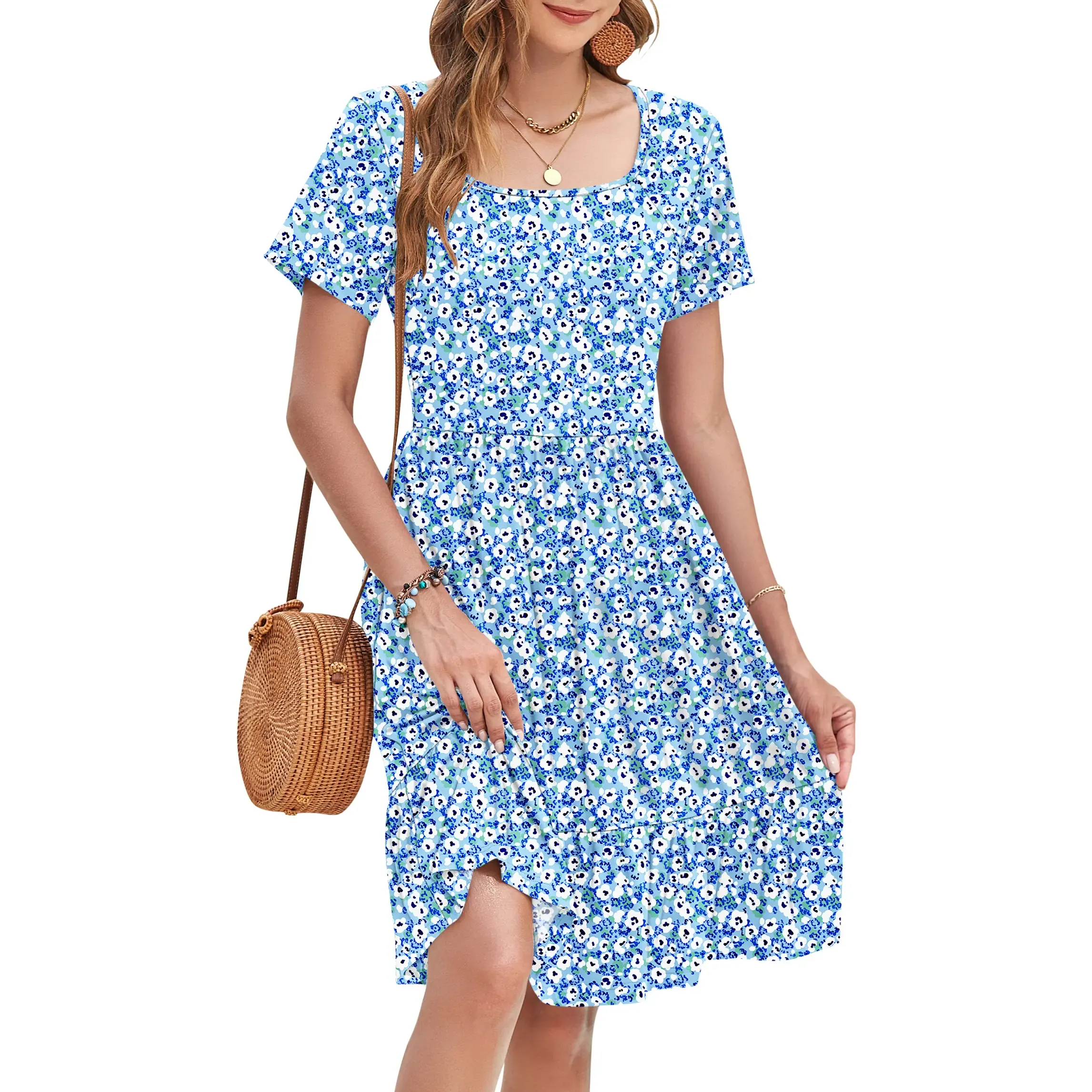 ✨Women's Square Neck Floral Print Short Sleeve Ruffle Empire Waist Sundress with Pockets