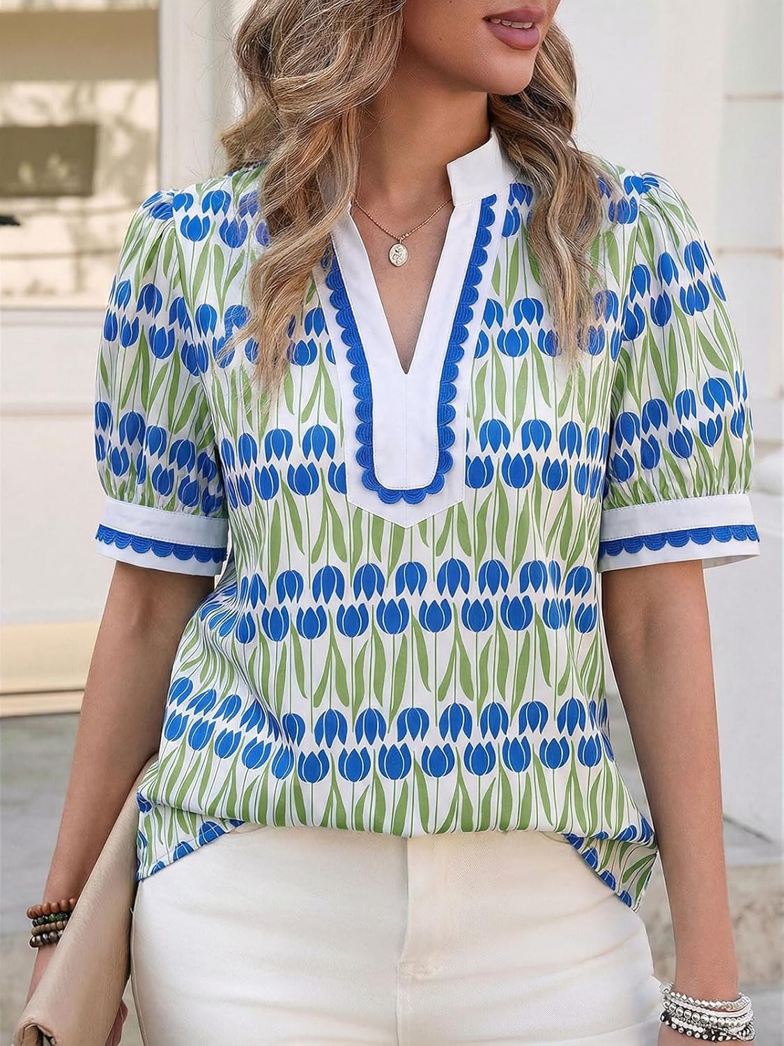 🌷Women's Puff Sleeve Floral Dressy Casual V Neck Loose Fit Blouse Tops