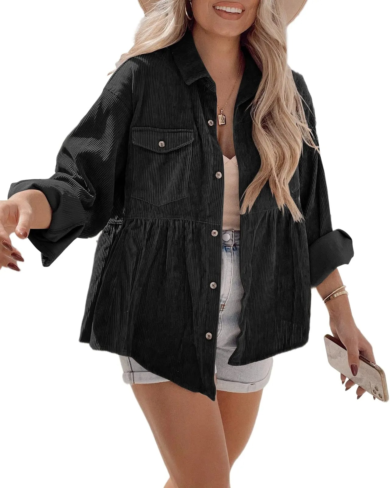 HOT SALE Women's Corduroy Shirt Button Down Tunic Loose Pocket Jacket