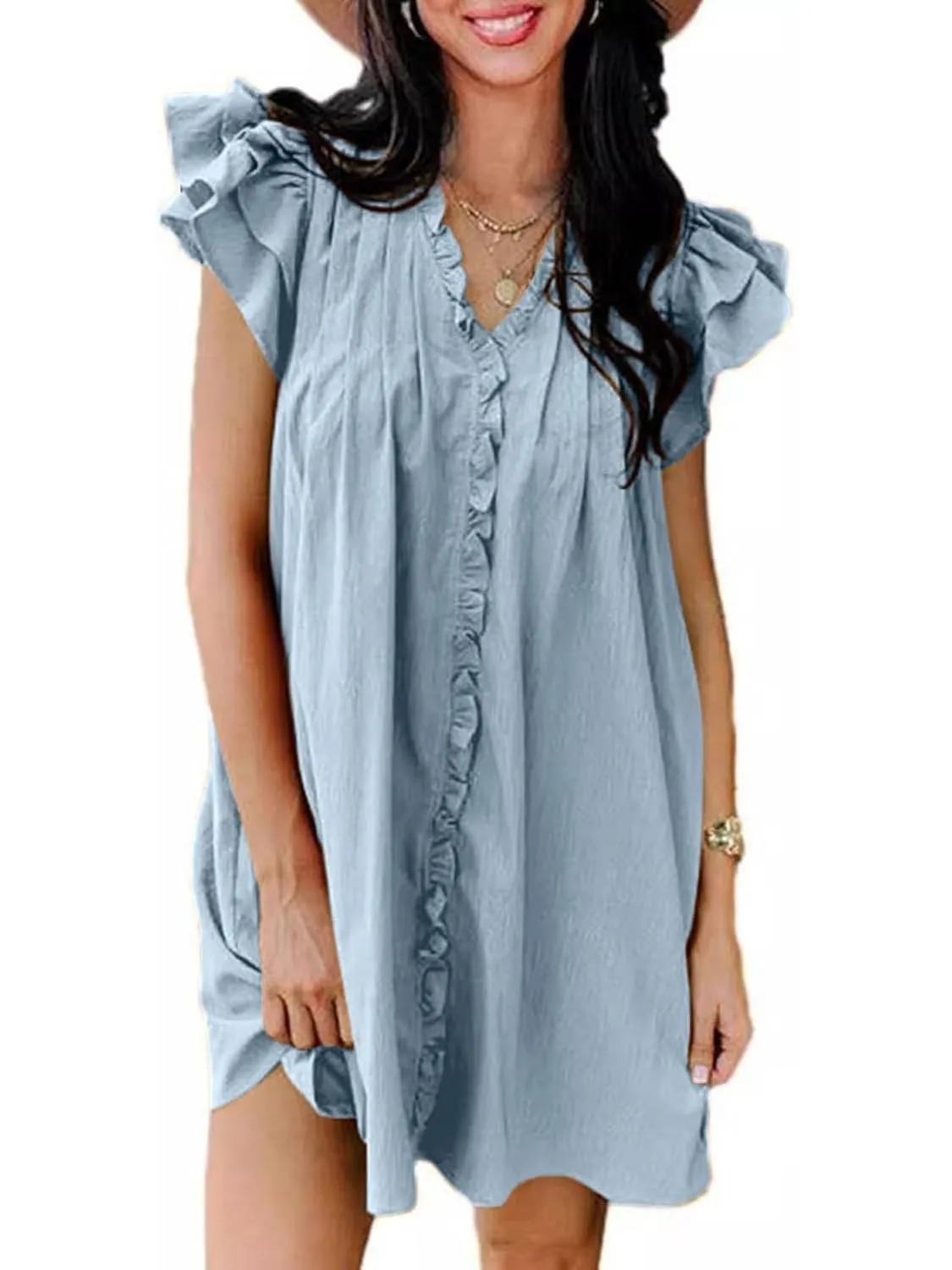 HOT SALE Women's Elegant Ruffle Short Sleeve Buttoned V Neck Pleated Dresses
