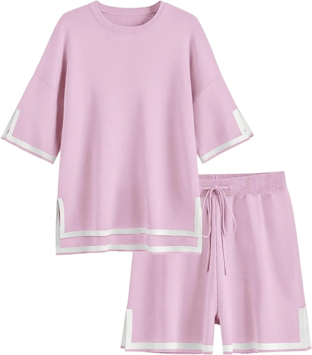 HOT SALE Women's Color Block Knitted Short Sleeve Top And Drawstring Shorts Set