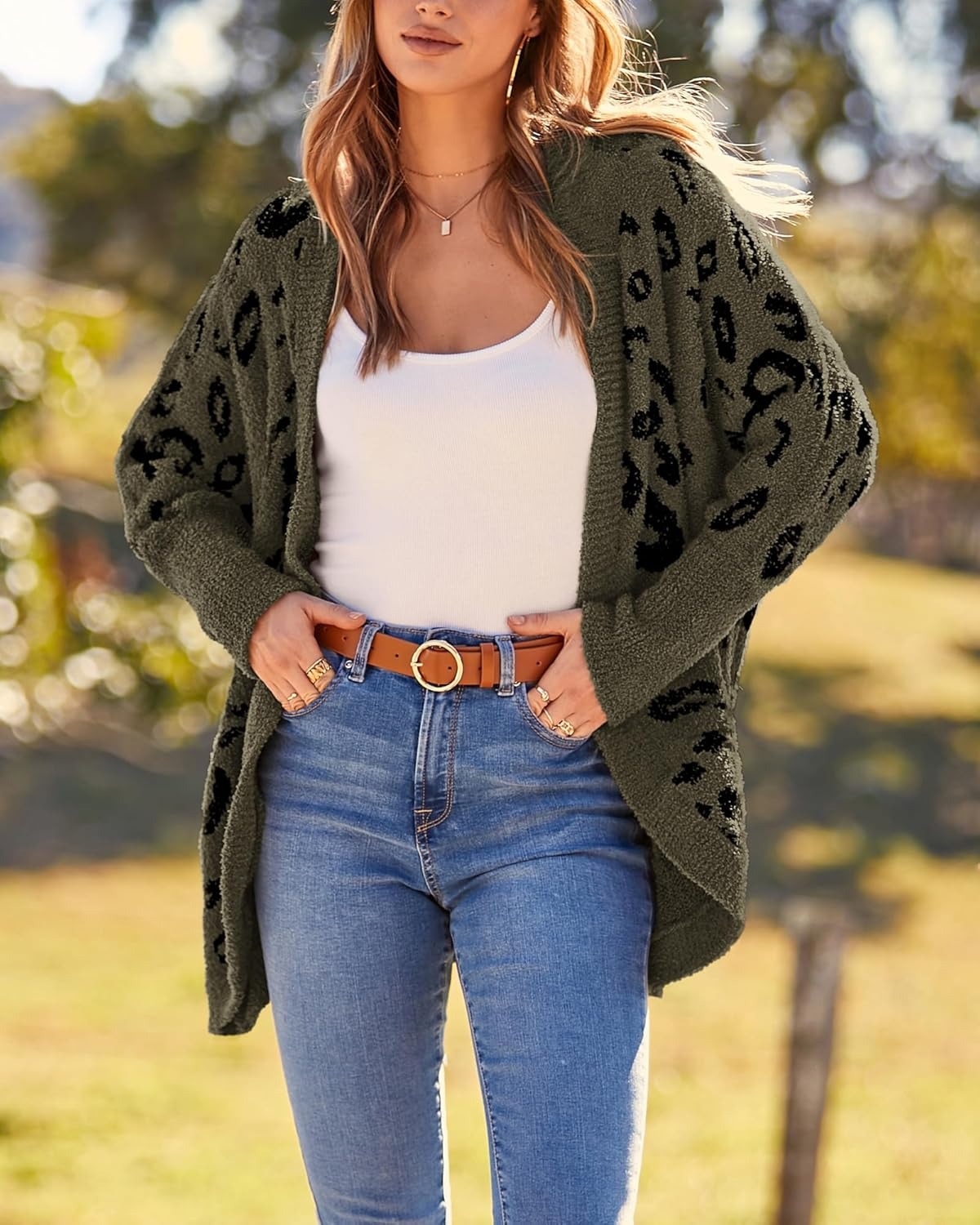 HOT SALE Women's Leopard Print Long Sleeve Cardigan Sweater with Pockets