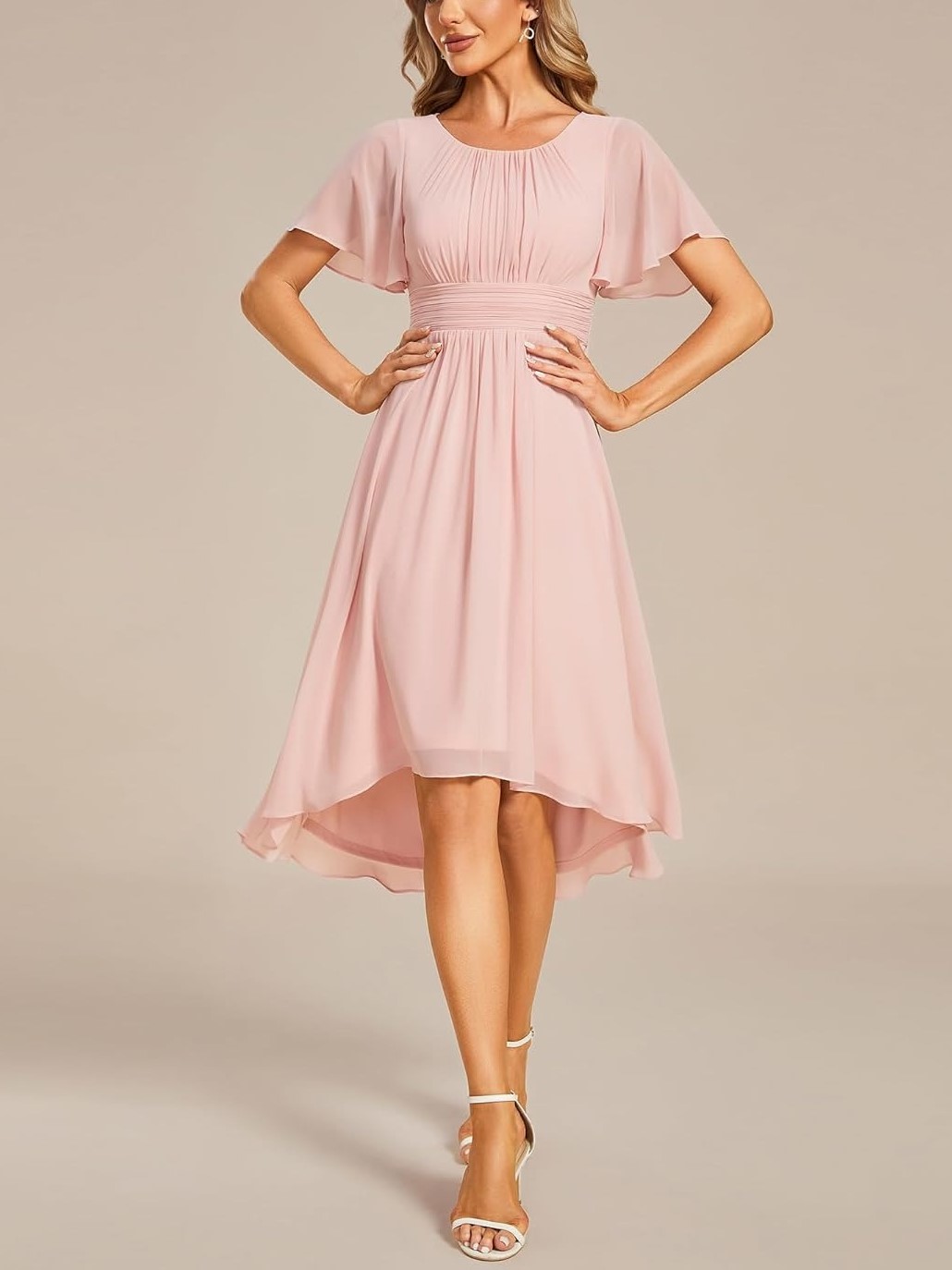 Women's Crew Neck Pleated Ruffle Short Sleeve Dress