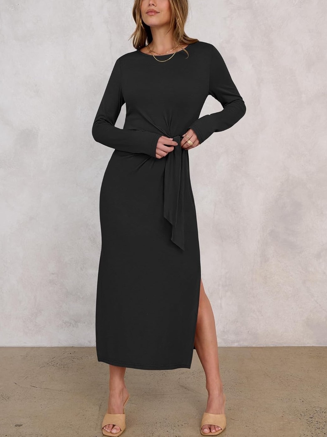 Women's Casual Long Sleeve Tie Waist Slit Maxi Dress