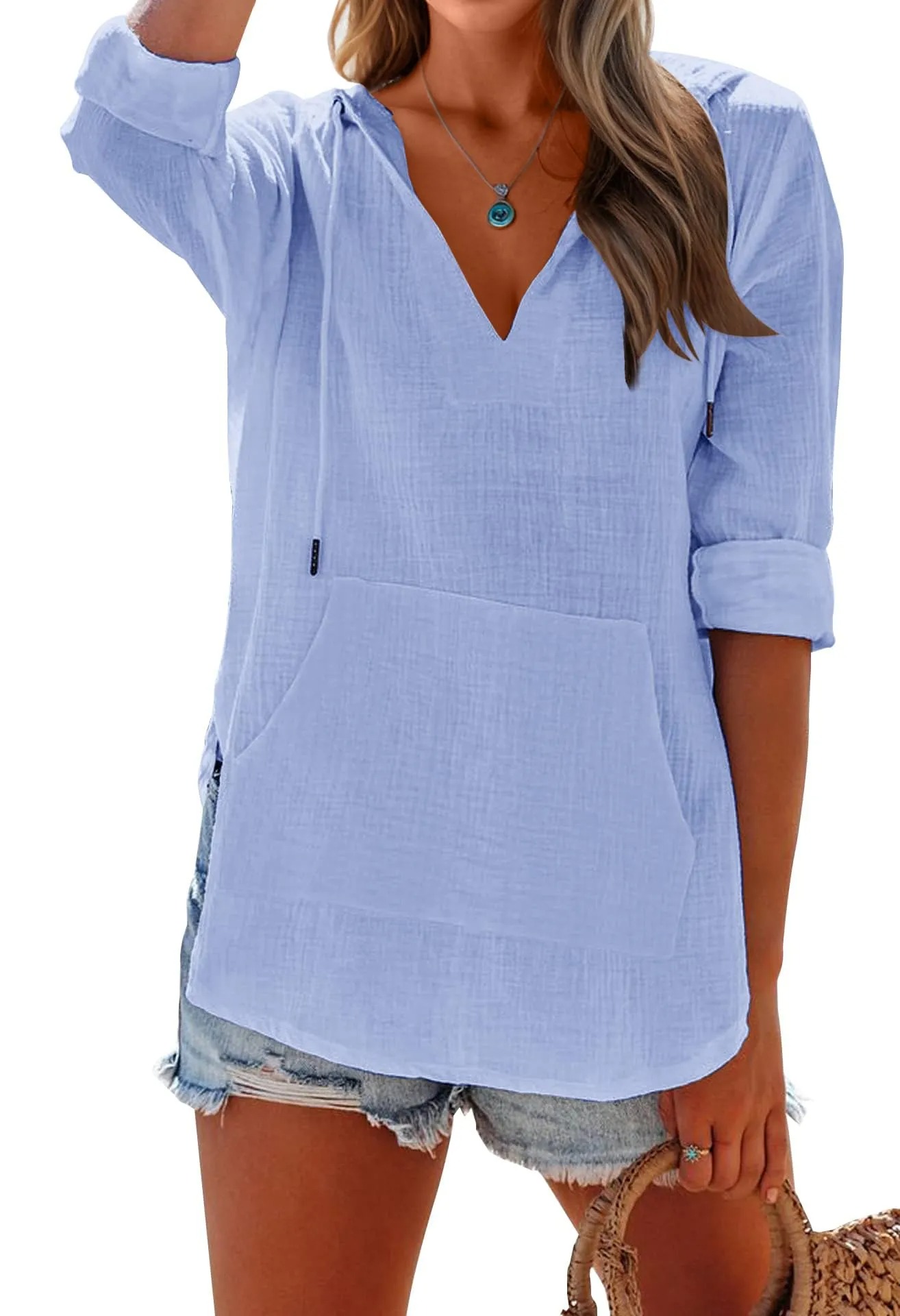 Women's Long Sleeve V Neck Pocketed Hooded Shirt Top