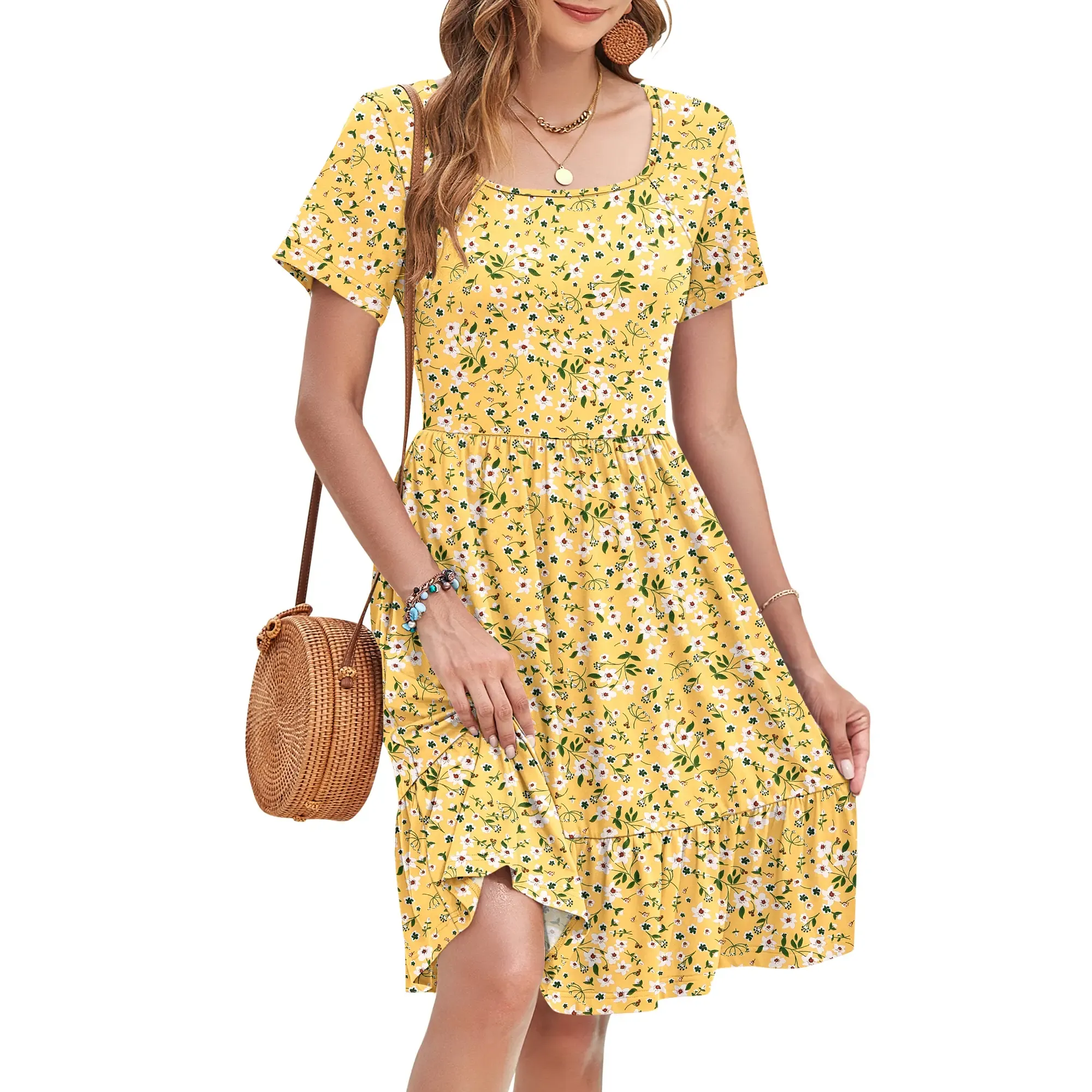 ✨Women's Square Neck Floral Print Short Sleeve Ruffle Empire Waist Sundress with Pockets