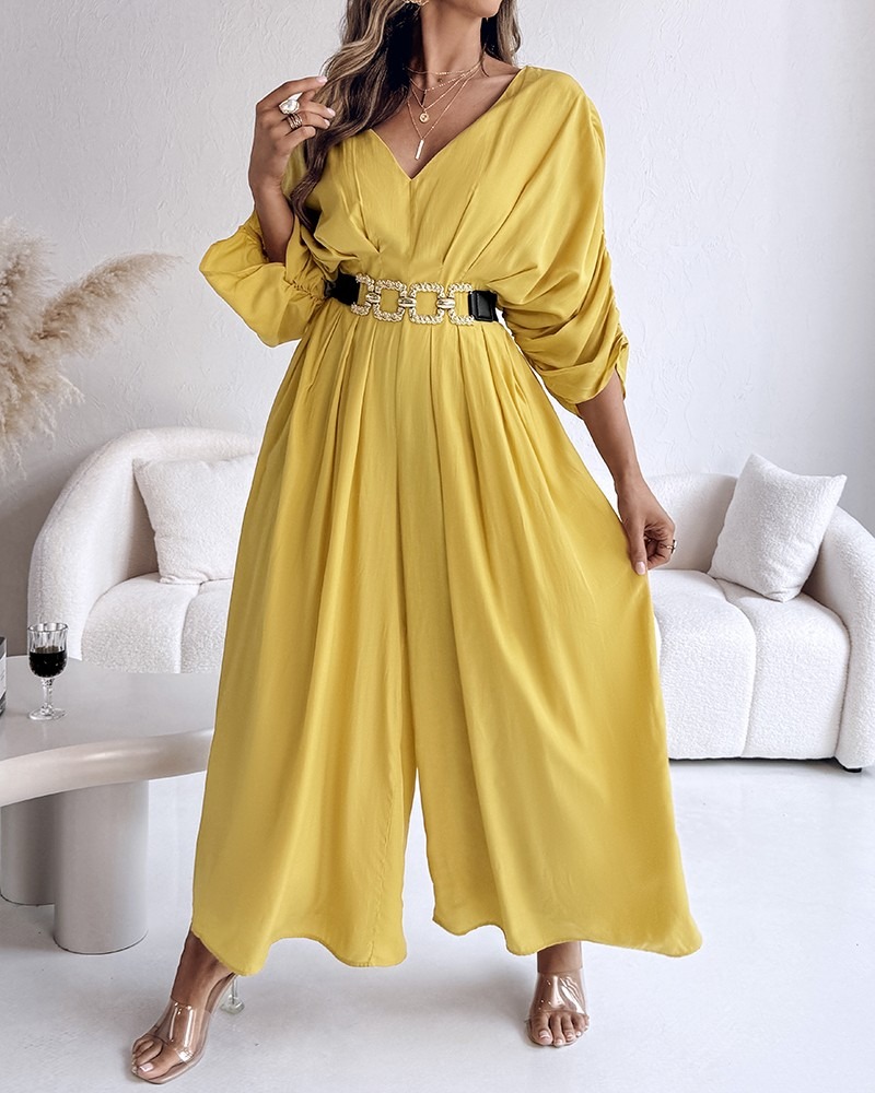 Women's Casual V-Neck Half Sleeve Ruched Jumpsuit