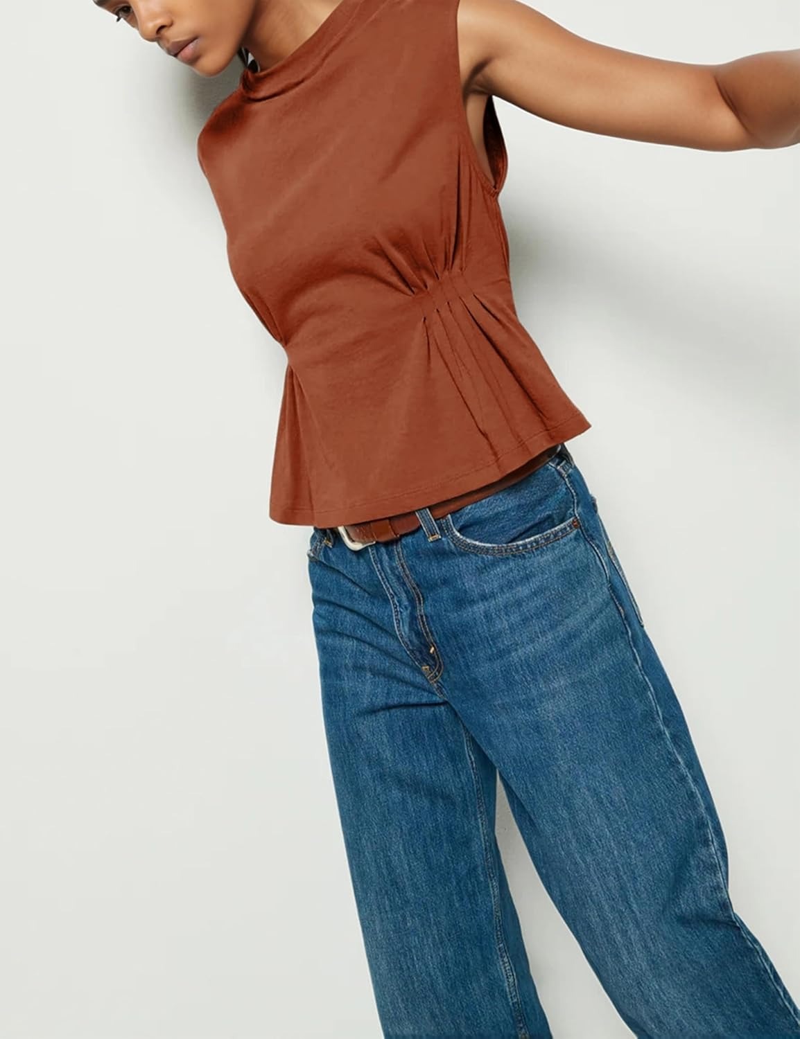 Women's Casual Cap Sleeve Dressy Pleated Tops Tunic Shirt