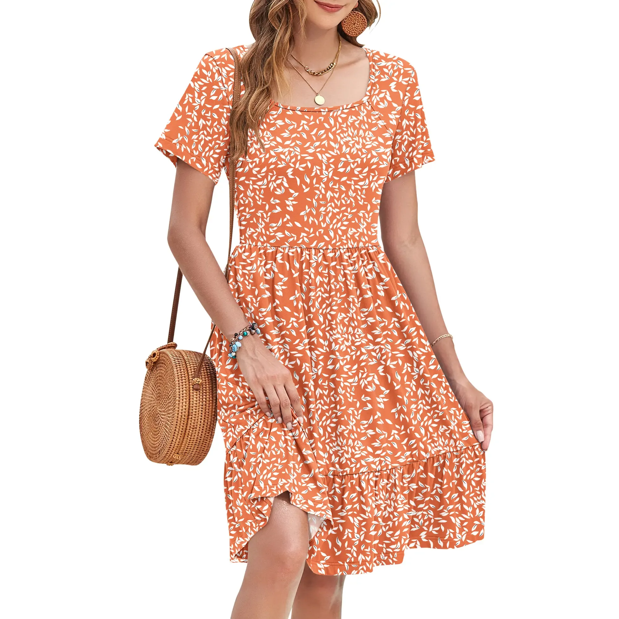 ✨Women's Square Neck Floral Print Short Sleeve Ruffle Empire Waist Sundress with Pockets