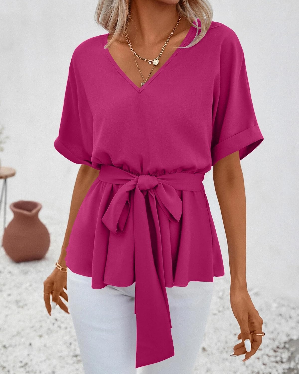Women's V Neck Belted Ruffle Short Sleeve Blouse Casual T-Shirts