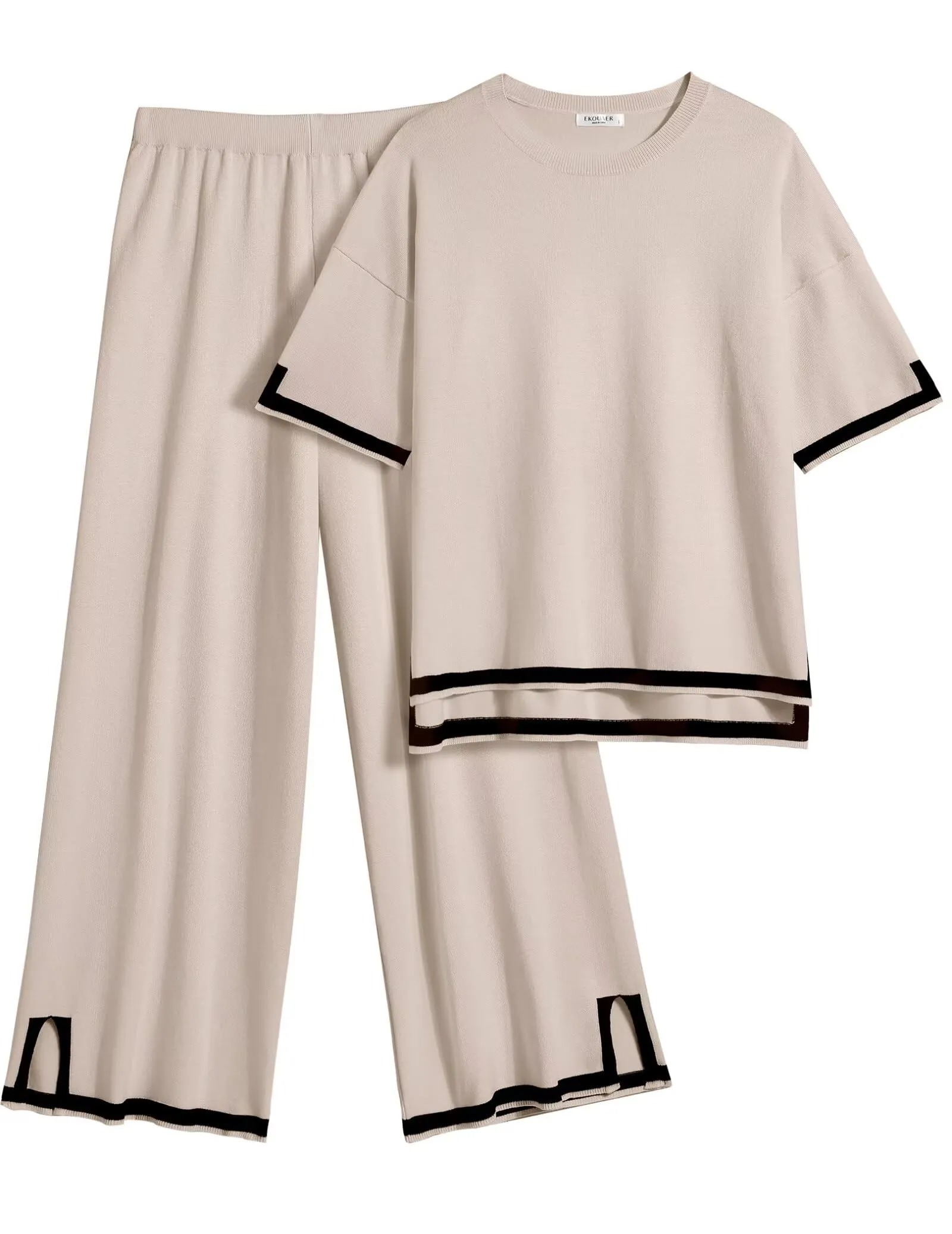 Women's Travel Outfits 2 Piece Sets Short Sleeve Sweater Top Wide Leg Long Pants