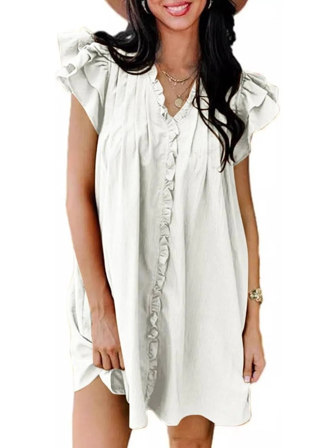 HOT SALE Women's Elegant Ruffle Short Sleeve Buttoned V Neck Pleated Dresses