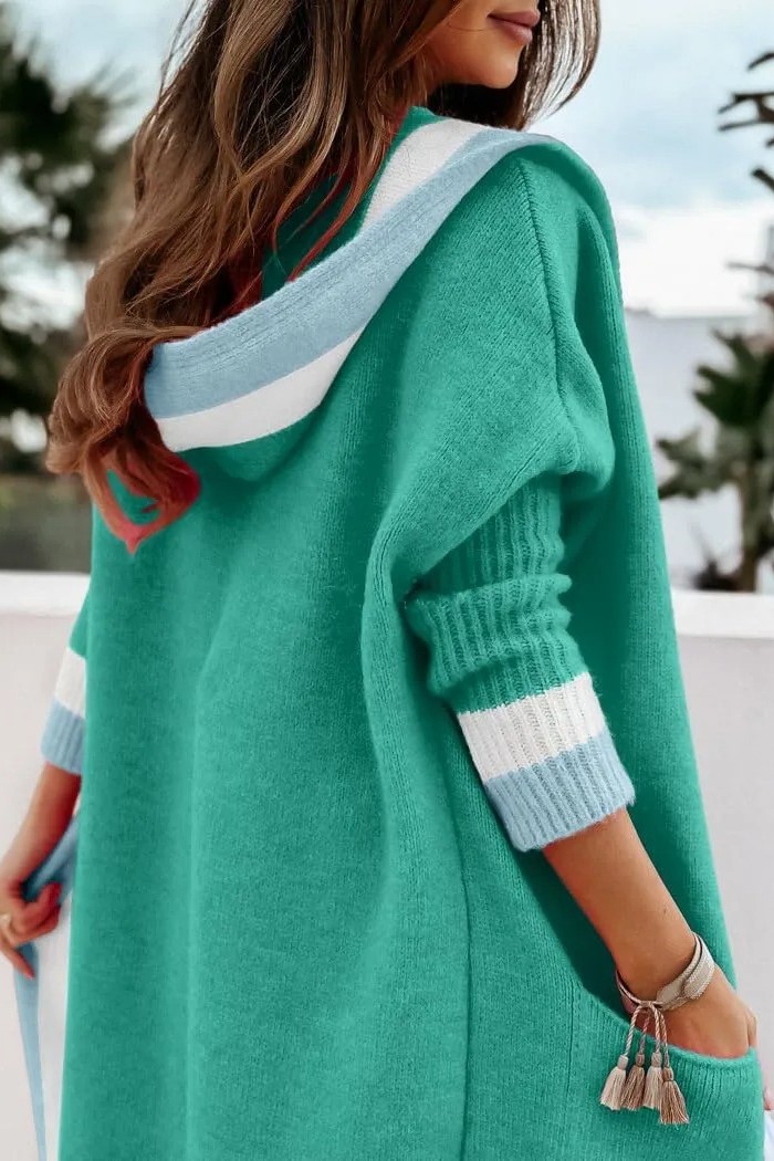 HOT SALE Women's Color Block Striped Open Front Hooded Long Cardigan