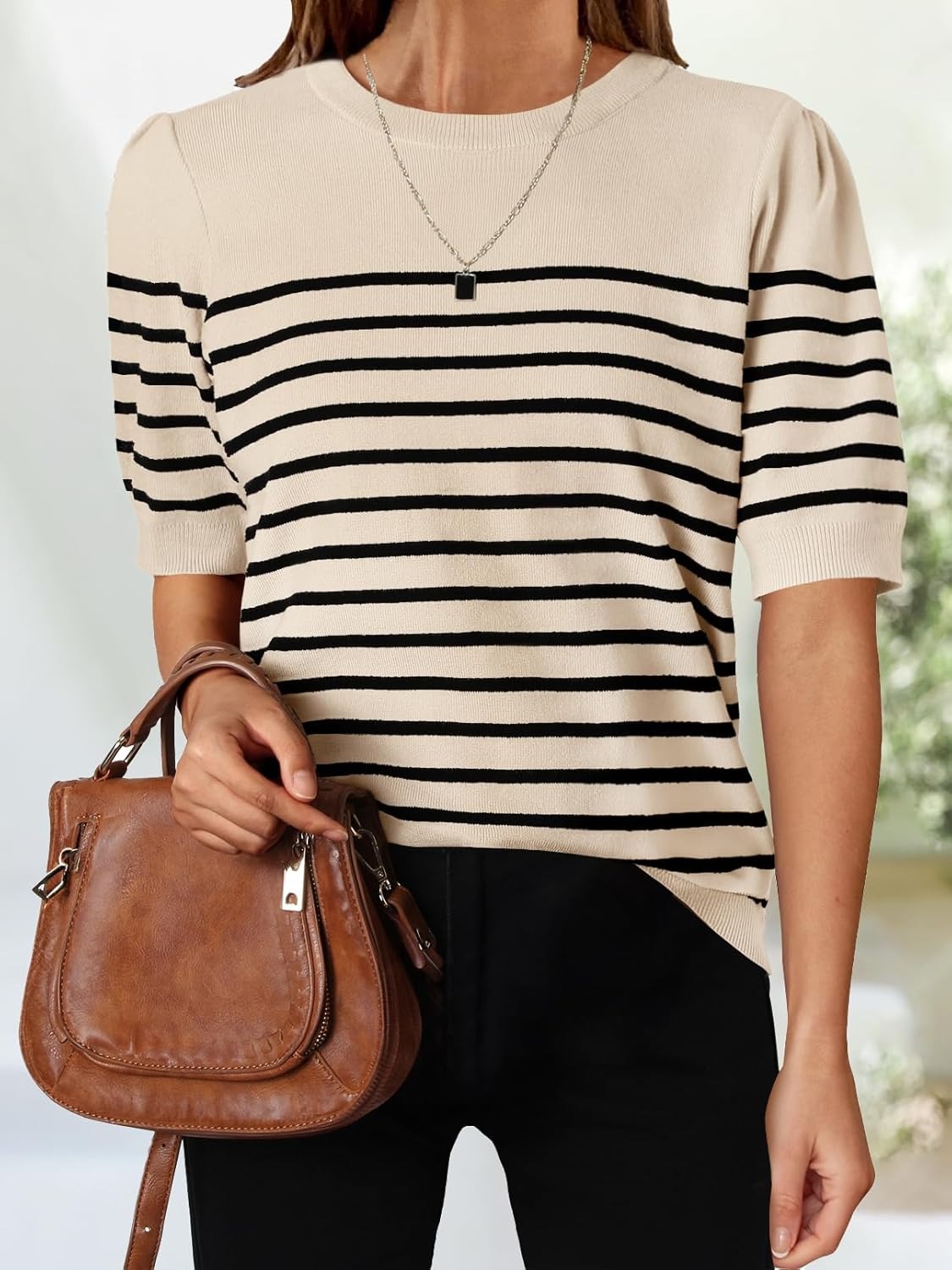 Women's Casual Striped Puff Sleeve Knit T-Shirts Top