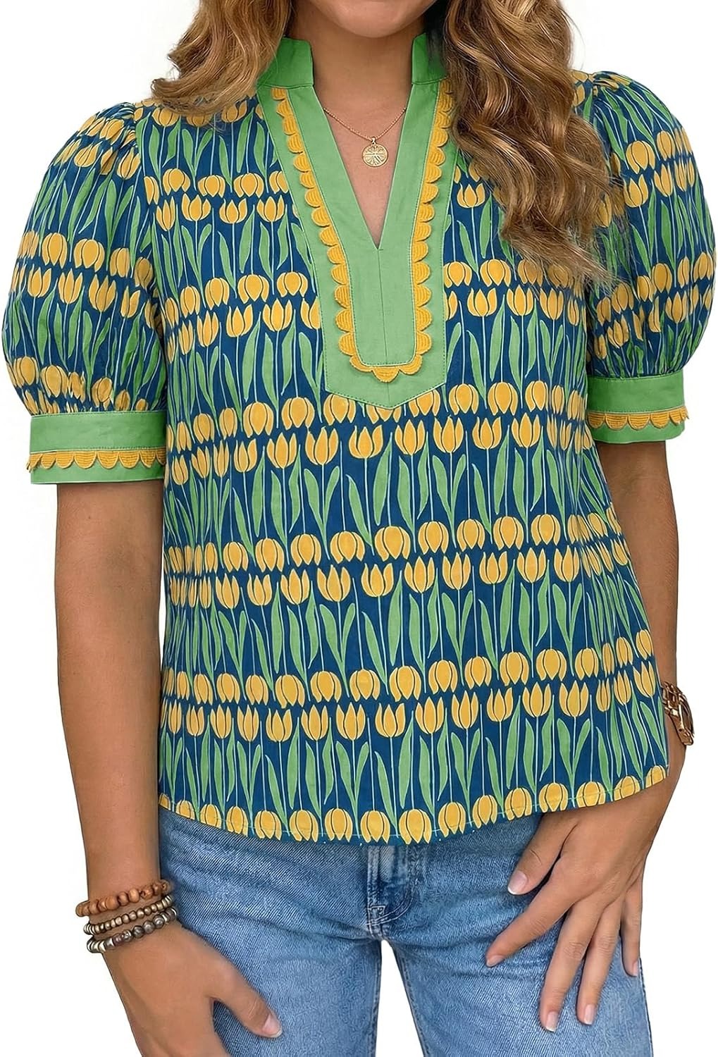 🌷Women's Puff Sleeve Floral Dressy Casual V Neck Loose Fit Blouse Tops