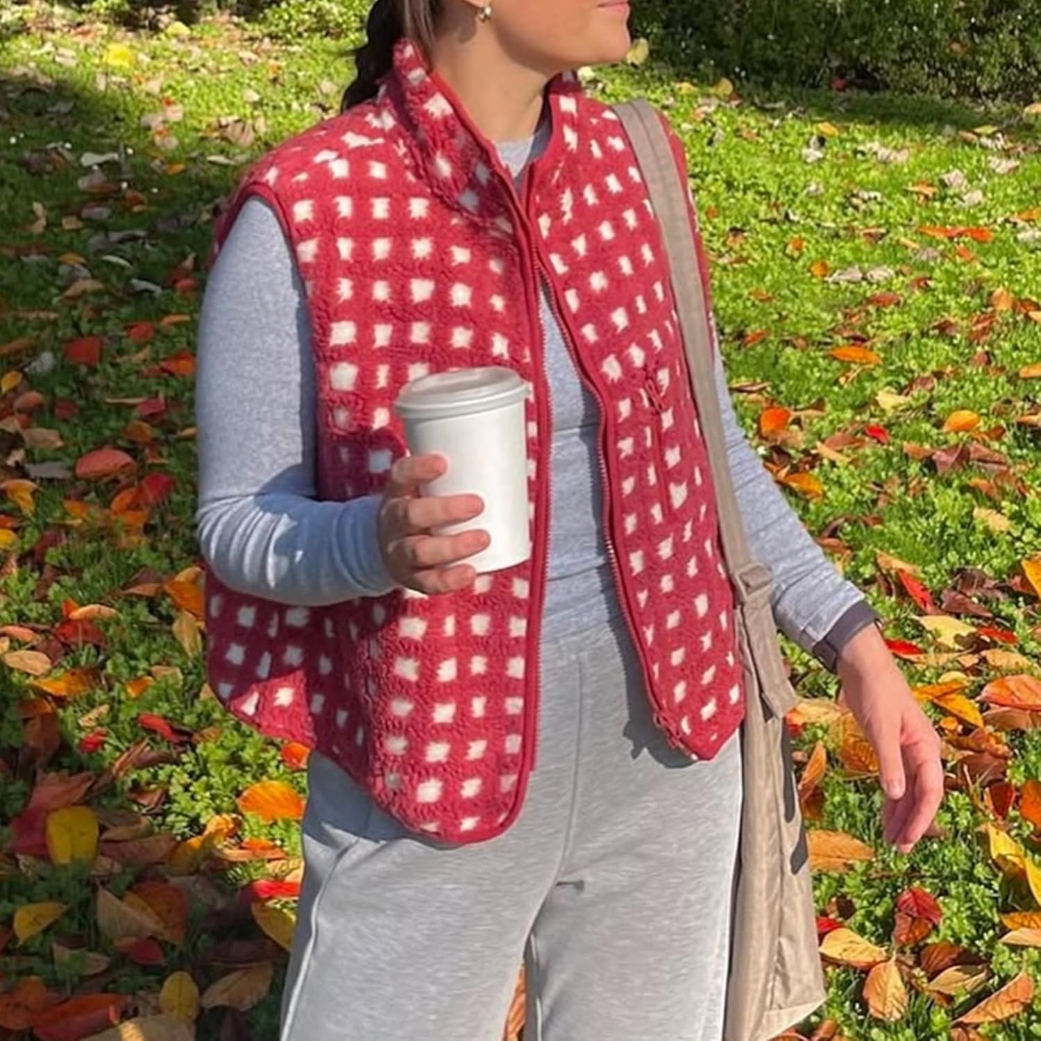 Women's Trendy Plaid High Neck Sherpa Zipper Vest Fleece Jacket