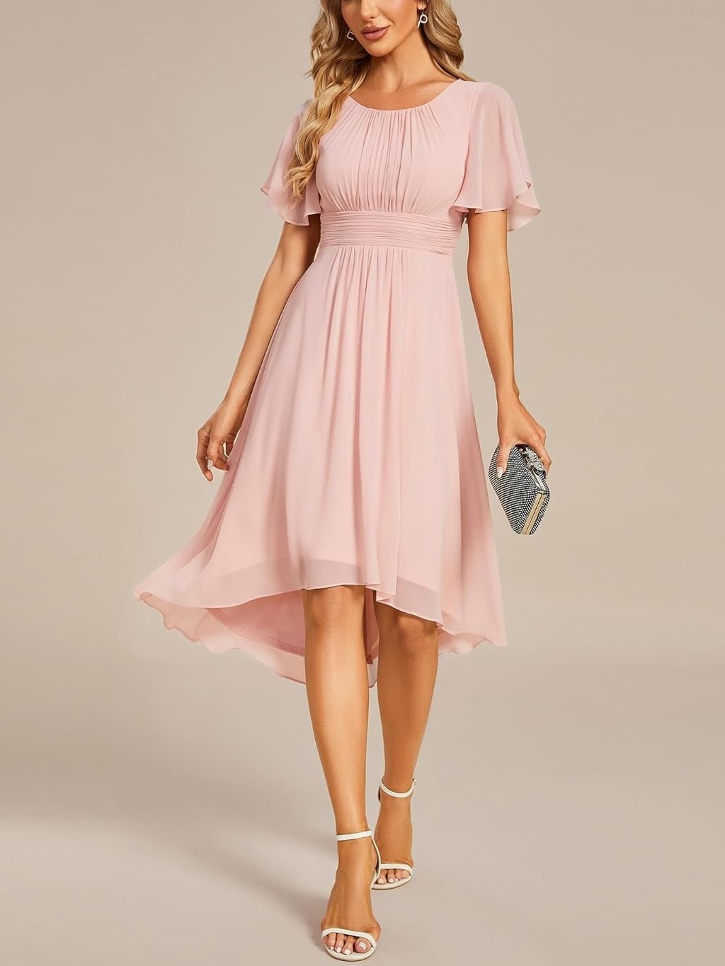 Women's Crew Neck Pleated Ruffle Short Sleeve Dress