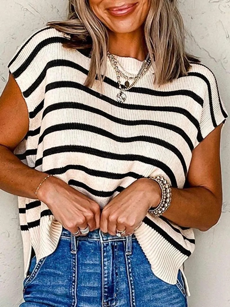 HOT SALE Women's Striped Crew Neck Cap Sleeve Side Slit Sweater Pullover