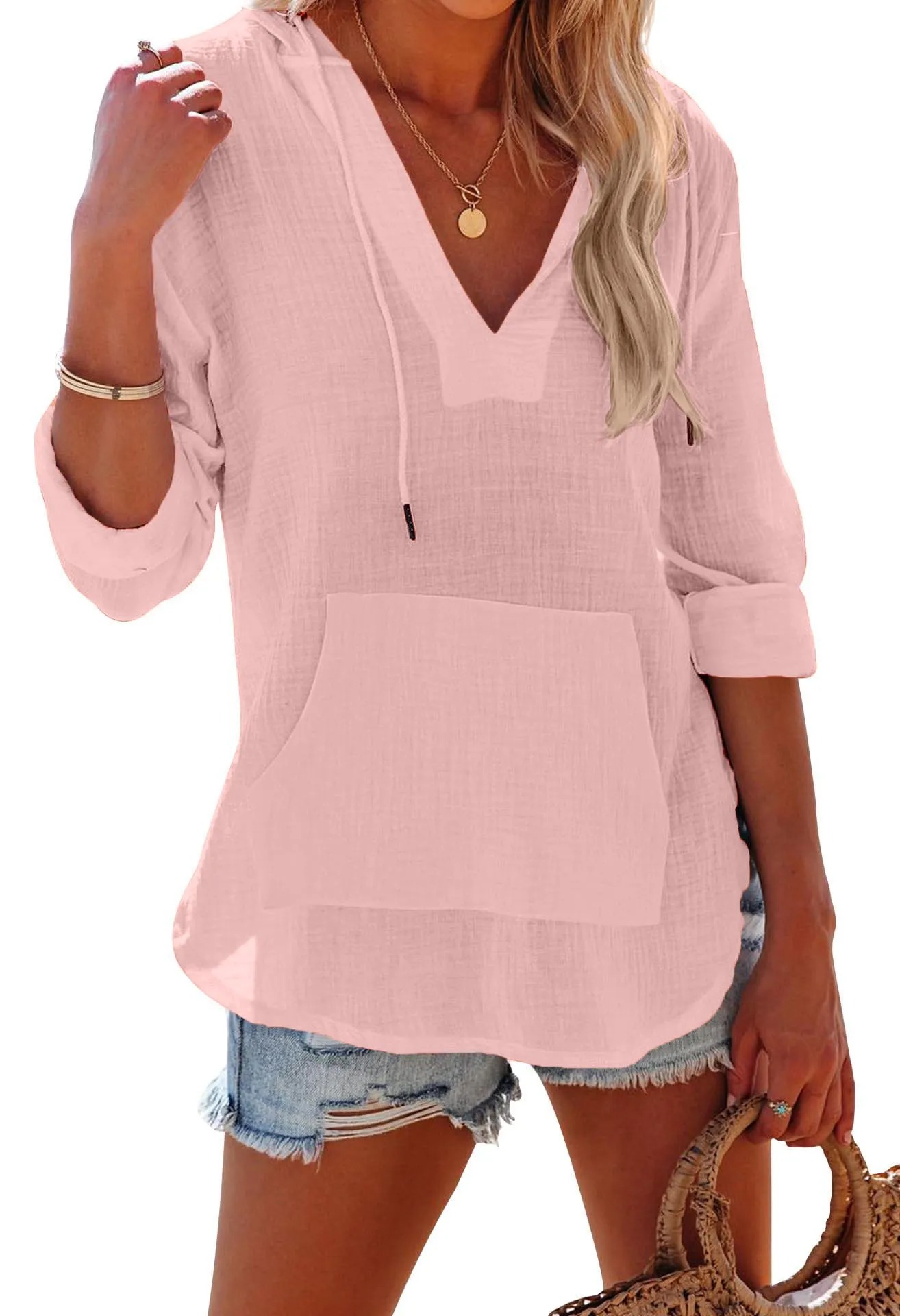 Women's Long Sleeve V Neck Pocketed Hooded Shirt Top